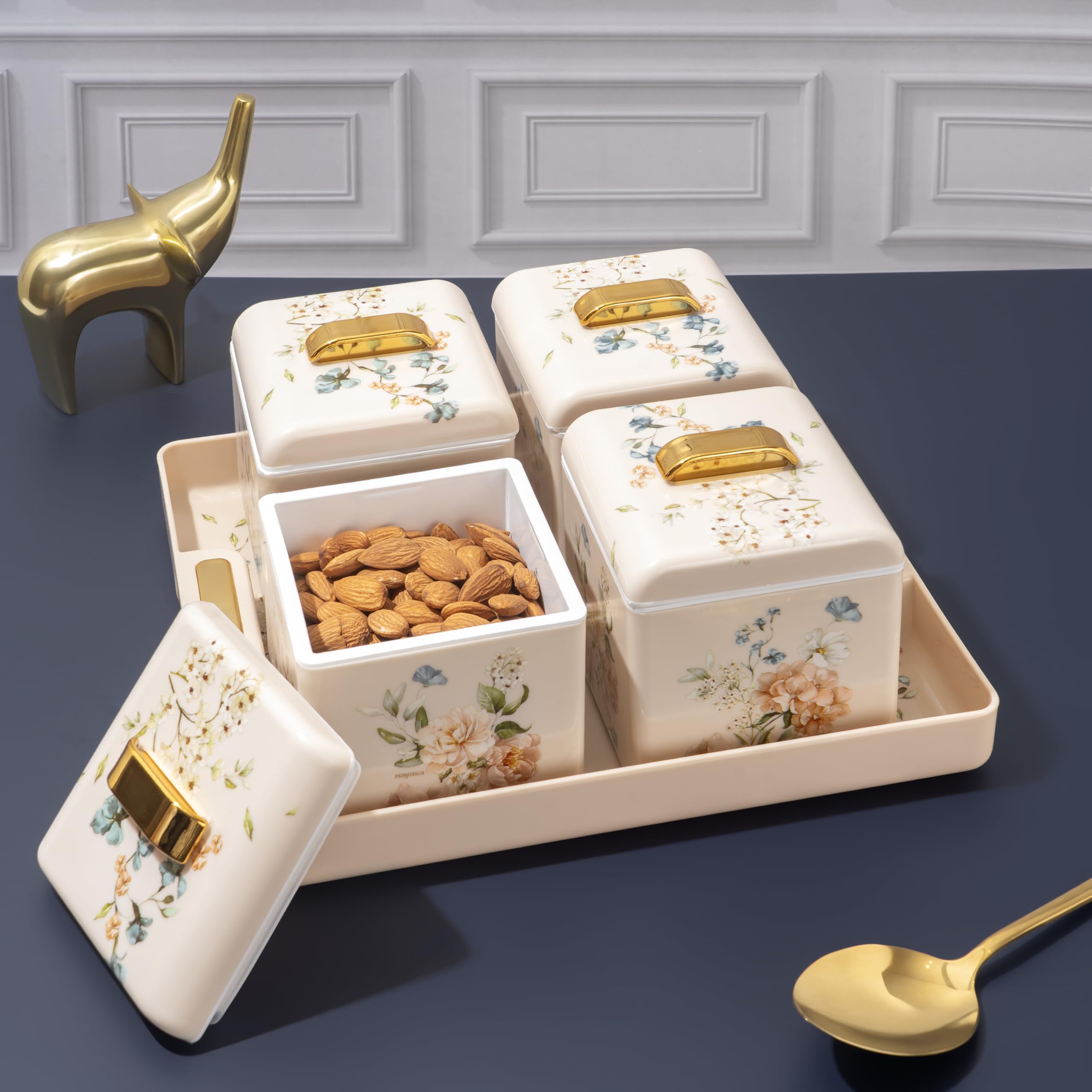 Nayasa Miracle Dry Fruit,4 Pcs Container Serving Tray Set,600 ML Each,Multipurpose Plastic Serving Set,Premium Design,BPA Free,Food Grade,Air-Tight Lid,Snack Organizer Tray,Ivory,Multicolor