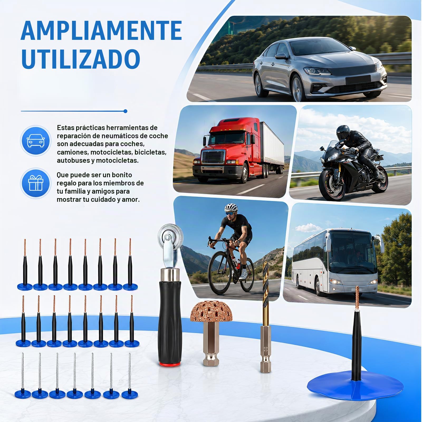 Kit Reparación Neumáticos, 27 Piezas Coches Reparación Neumáticos Para Automóviles Camiones Motocicletas Y Bicicletas Juego Multiusos Tapones Y Parches Tapones Goma Tipo Hongo Y Herramientas Inserción