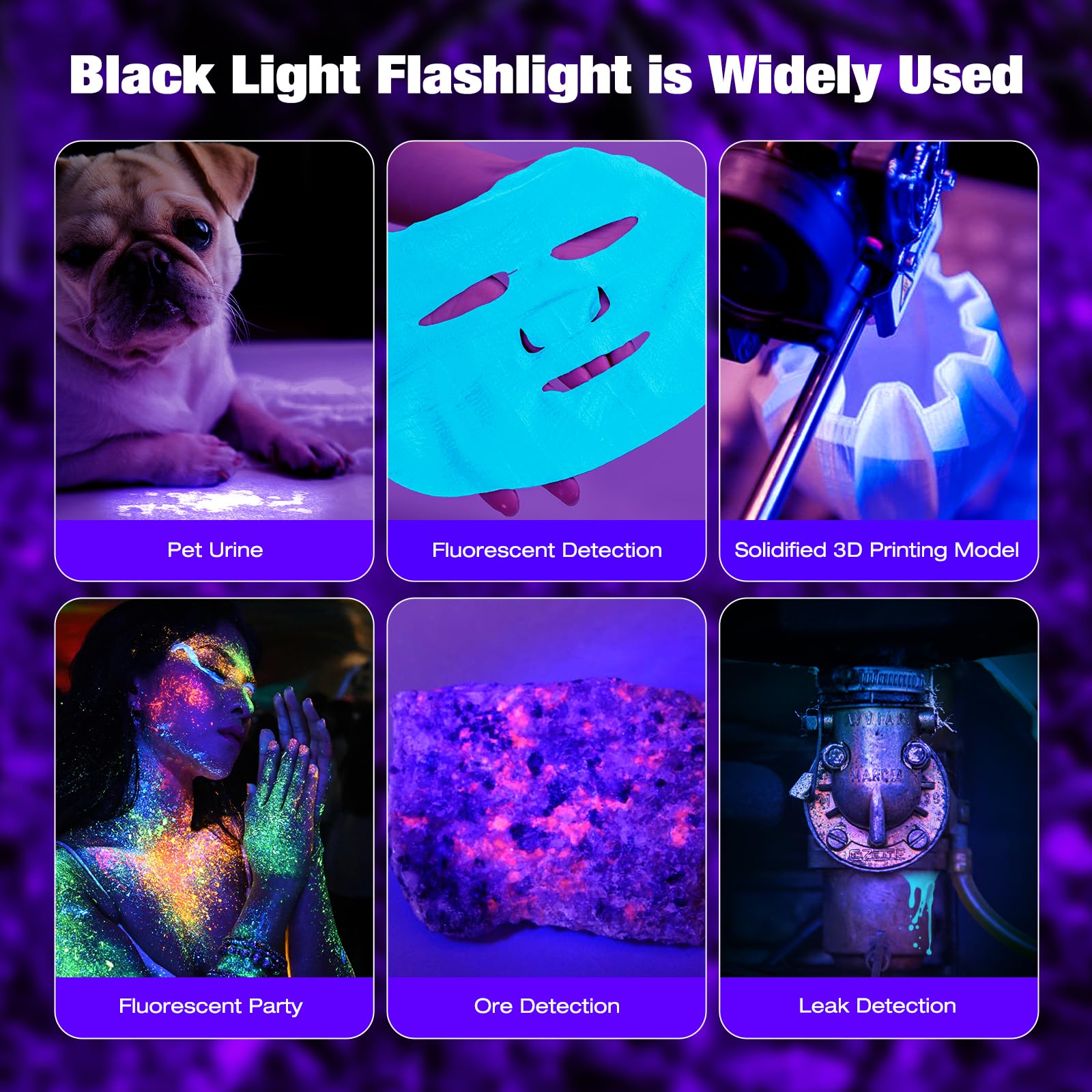 UltraFire Torcia UV ricaricabile 365 nm LED luce nera, 15 W potente luce ultravioletta, lampada UV professionale con lente nera per tracce di sangue, analisi fluorescenza, minerali