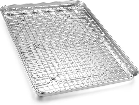 Homikit Half Baking Sheet with Wire Rack 1 Pan+1 Rack, 18" x 13" Stainless Steel Cookie Sheet Pan with Grid Cooling Rack Set for Baking, Large Bacon Tray for Oven Cooking Roasting, Dishwasher Safe