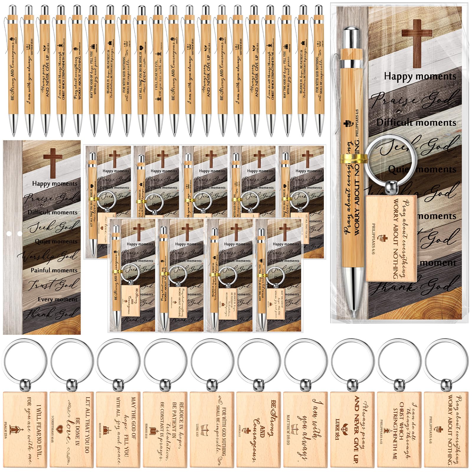 Spakon 60 Sets christliche Geschenke Bulk-Bibelvers Bambus-Stifte Gebet religiöse Lesezeichen inspirierende Holzskriptur Schlüsselanhänger Erstkommunion biblische Geschenke für Männer Frauen Mutter