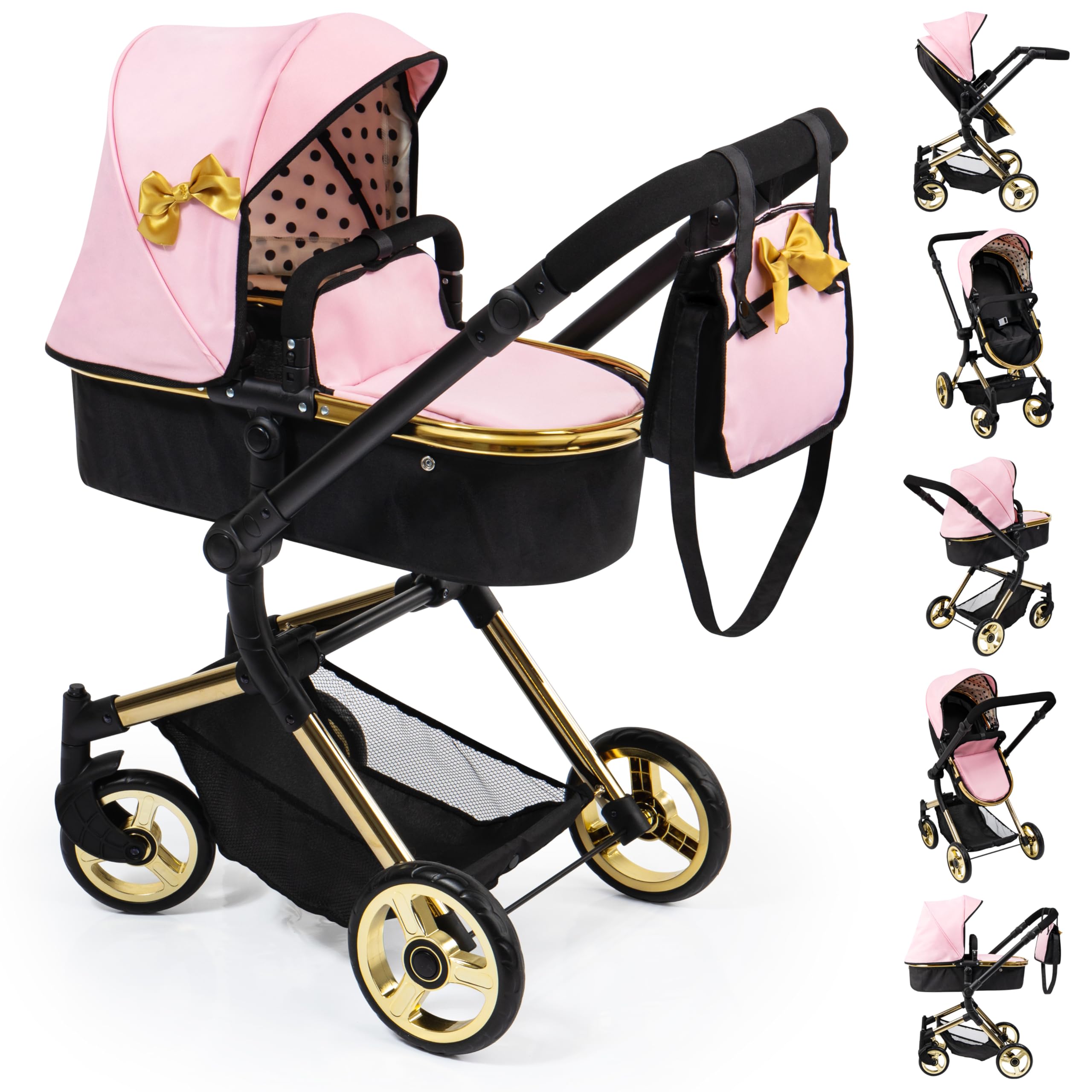Bayer: Pram Neo Vario - Pink, Black, Gold - Accessory for Dolls Up to 20", Shoulder Bag, Converts to Stroller, Kids Toy, Ages 3+ | Baby d