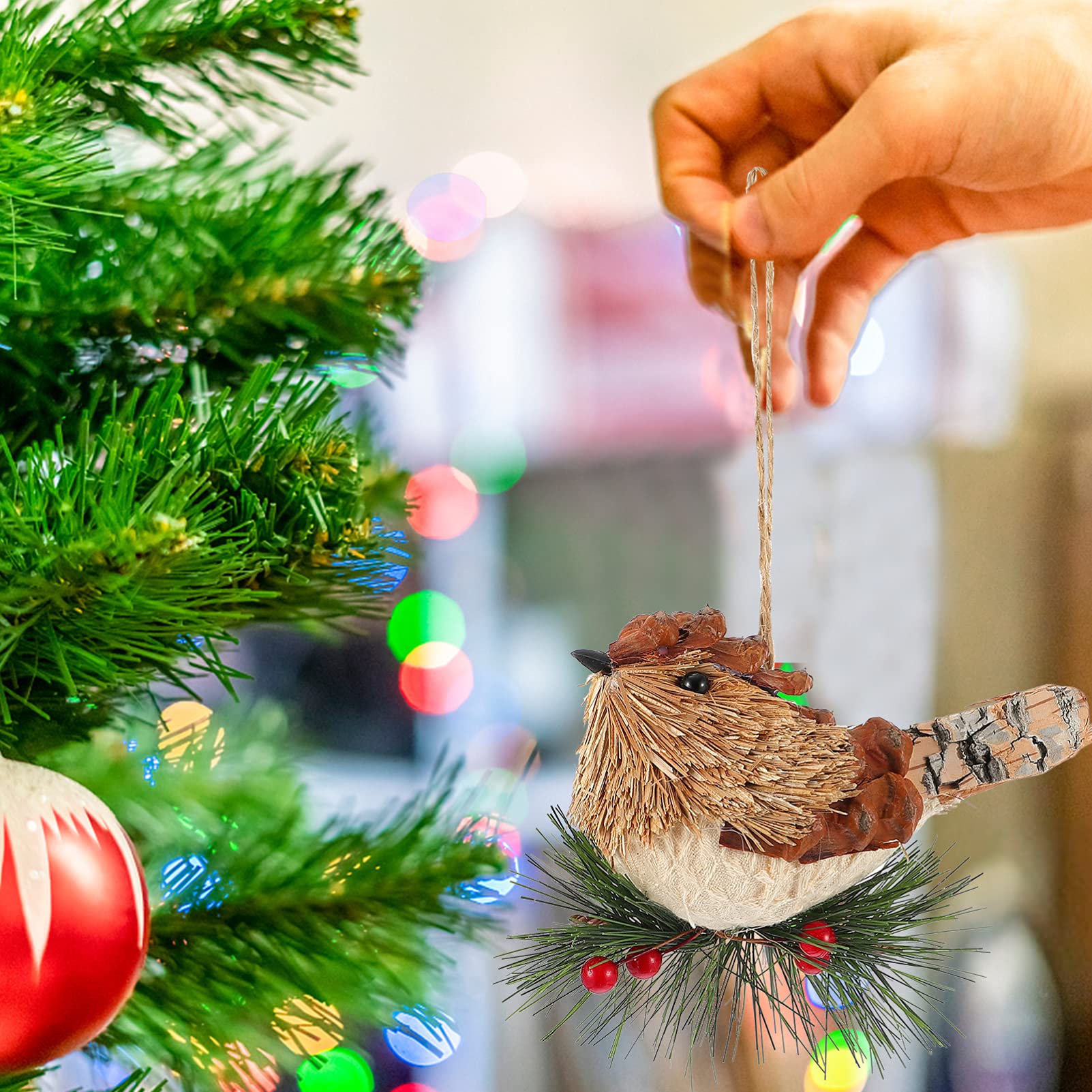 Zerodeko 3 Pz Ciondolo uccellino di paglia colibrì arredamento figurine cinciallegra pappagallo Halloween ciondolo appeso di Natale ornamento da appendere alla festa paglia di legno