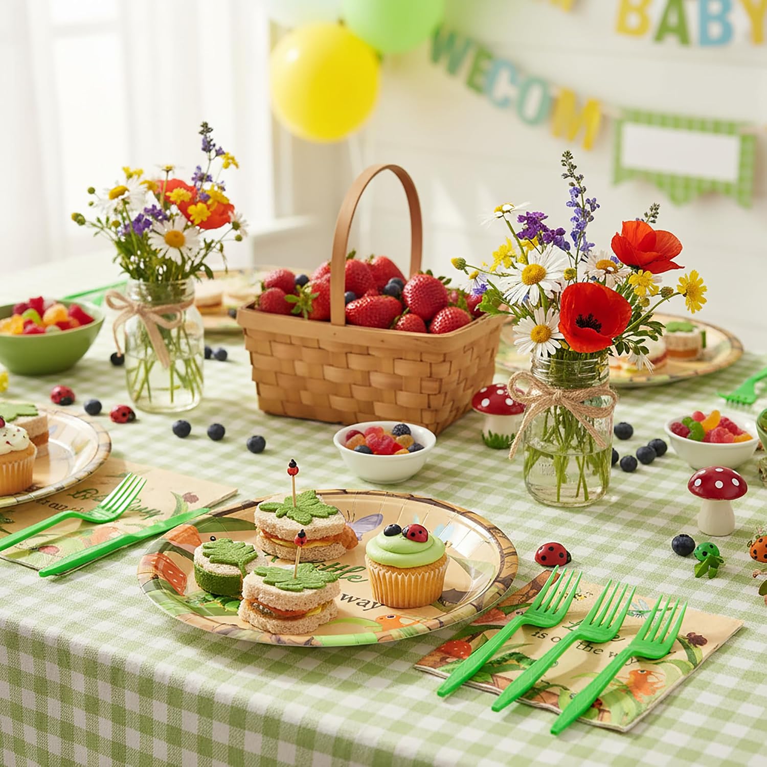 K1tpde Spring Insect Party Tableware - 96PCS A Little Bug Is On the Way Paper Plates and Napkin Party Supplies, Bug Theme Disposable Dinnerware with Green Plastic Forks for Baby Shower Decor, Serve 24