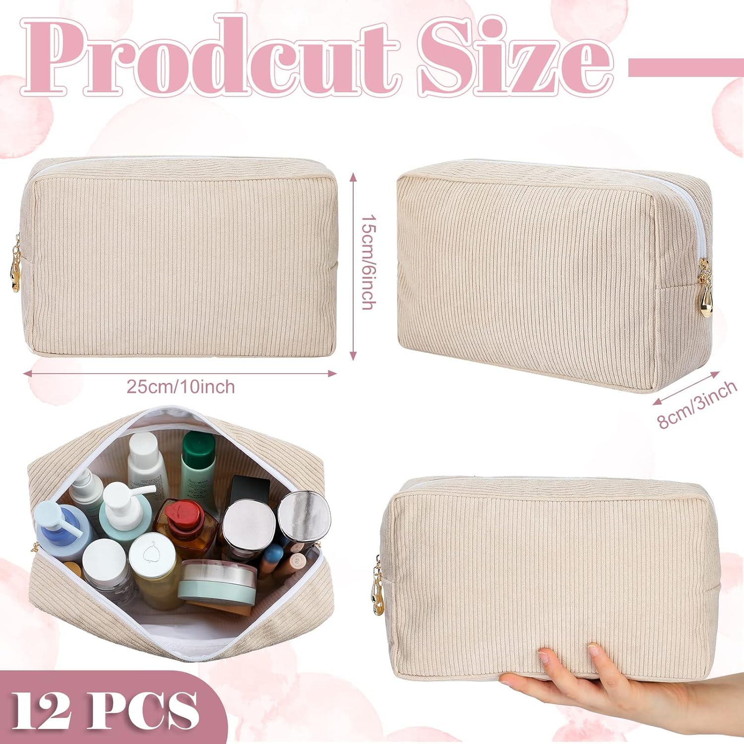 Amylove 12 Pcs Corduroy Makeup Bag Large Capacity Preppy Cosmetic Bag Bulk DIY Daily Use Plain Portable Makeup Pouch Travel Purse Organizer Storage for Women Xmas Gift(Beige Pink) - Image 3