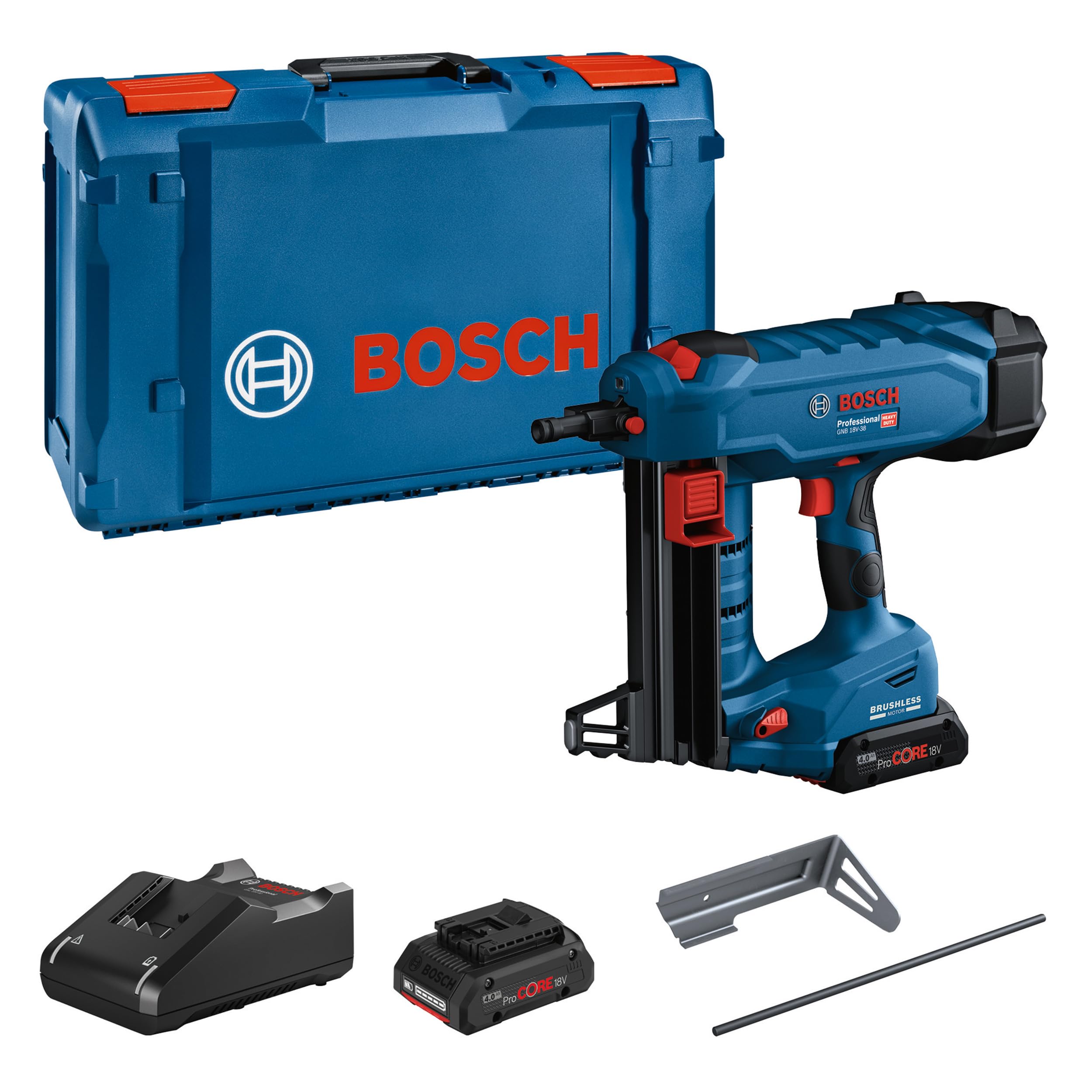 Bosch Professional 18V System Biturbo Akku-Betonnagler GNB 18V-38 (max. Nagellänge 38 mm, inkl. 2x ProCORE 4.0Ah Akku, Schnellladegerät GAL 18V-40, 1x Ausdrückstift, 1x Befestigungshaken, XL-BOXX)