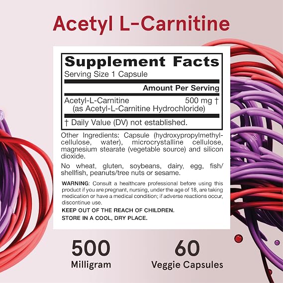 Jarrow Formulas Acetyl L-Carnitine Capsules - 500 mg - 60 Count - For Brain Health & Fatty Acid Metabolism - Vegetable Capsules - Non-GMO - Gluten Free