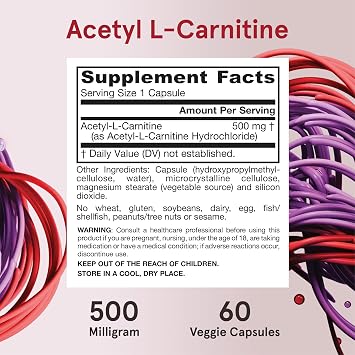 Jarrow Formulas Acetyl L-Carnitine Capsules - 500 mg - 60 Count - For Brain Health & Fatty Acid Metabolism - Vegetable Capsules - Non-GMO - Gluten Free