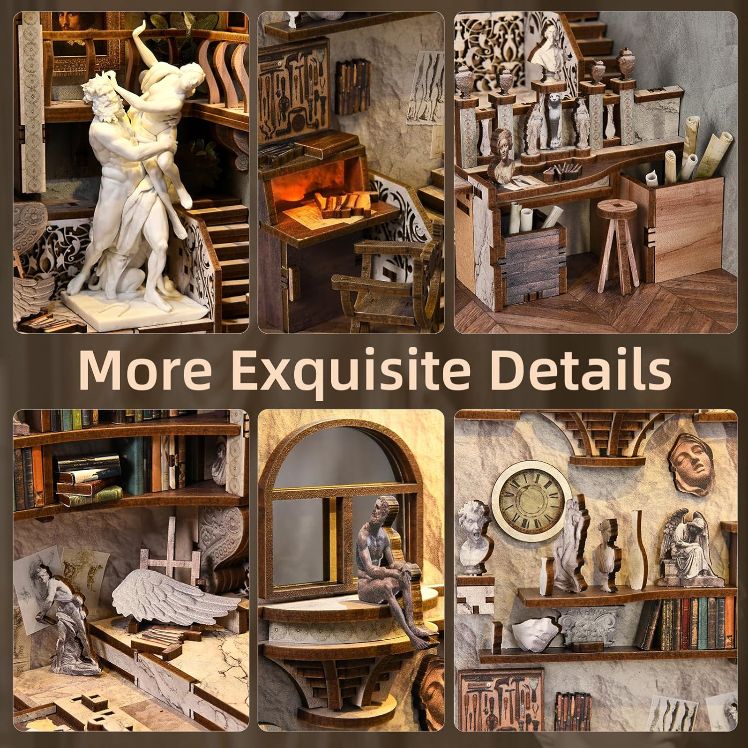 DIY Book Nook Library Kit, Miniature Dollhouse Booknook Kit, 3D Wooden Puzzle Bookend Bookshelf with LED Light for Teens and Adults (Bernini's Sculpture Workshop)