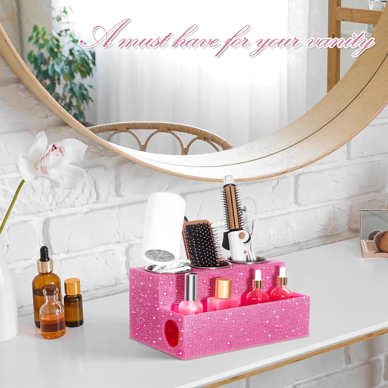 Honeydak Pink Bling Hair Tool Organizer Gift for Mothers Day Glitter Perfume Makeup Holder for Bathroom Women Essentials Rhinestone Organizer for Hair Styling Tools Toiletries Accessories