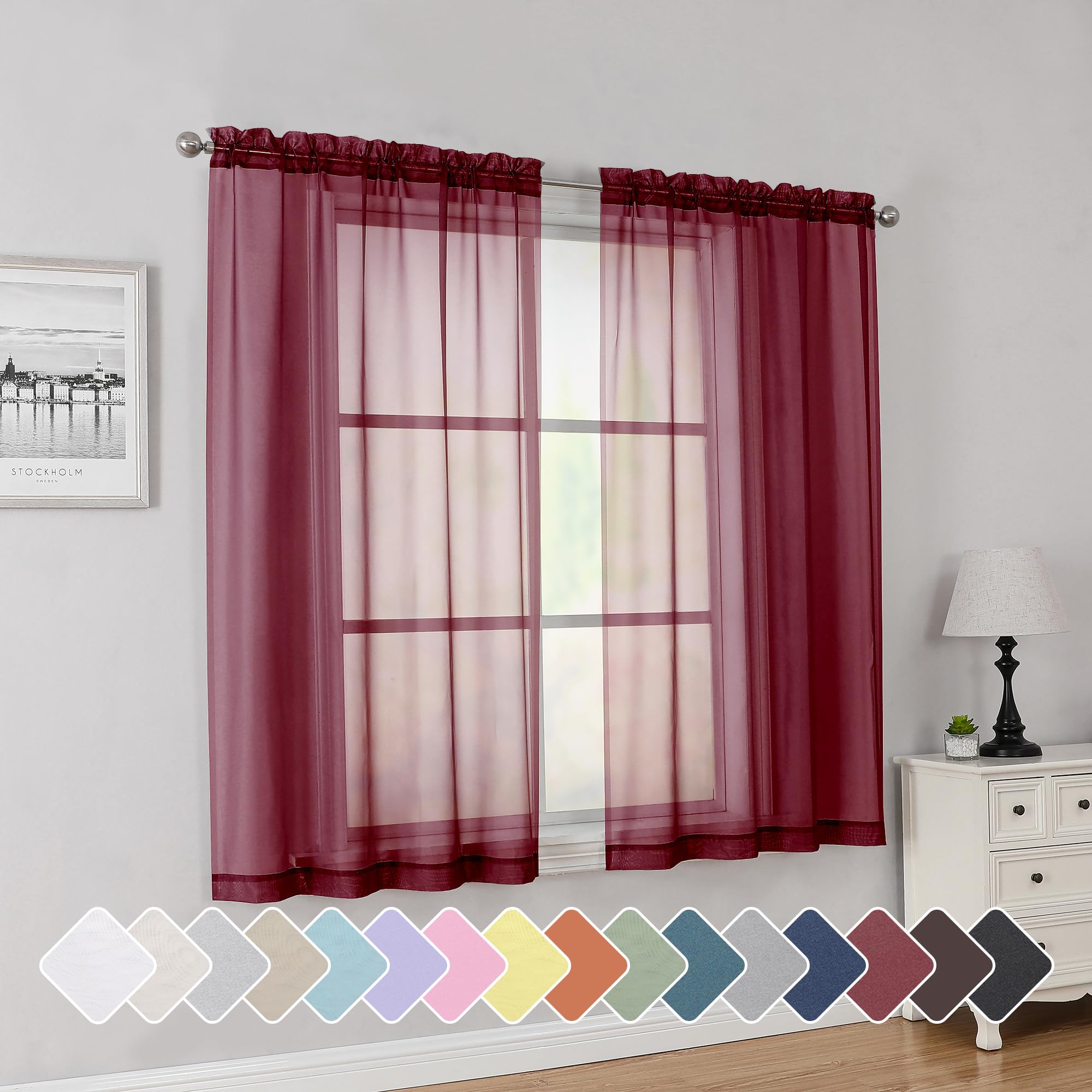 Simplebrand Rod Pocket Top Solid Voile Sheer Curtains for Bedroom, 54 Inch Length Drapes Set of 2, Lightweight and Light Filtering Elegant Red Curtains Panels Window Treatment, 42W×54L, Burgundy