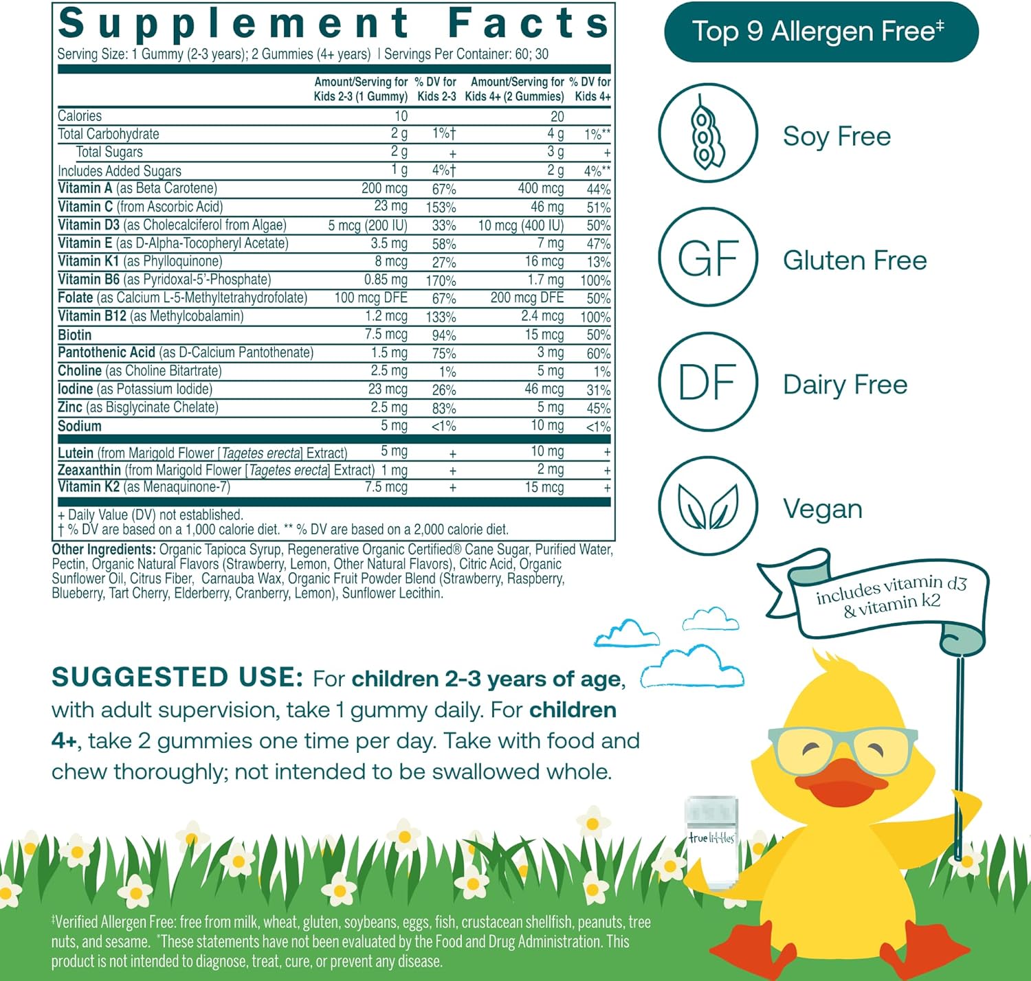 True Grace True Littles Daily Kids Multi - 60 Pectin Gummies - Immune, Cognitive, Bone & Eye Support - Clinically Studied Lutemax Kids Lutein & Vitamin D3 + K2 - Allergen Free & Vegan - 60 Servings