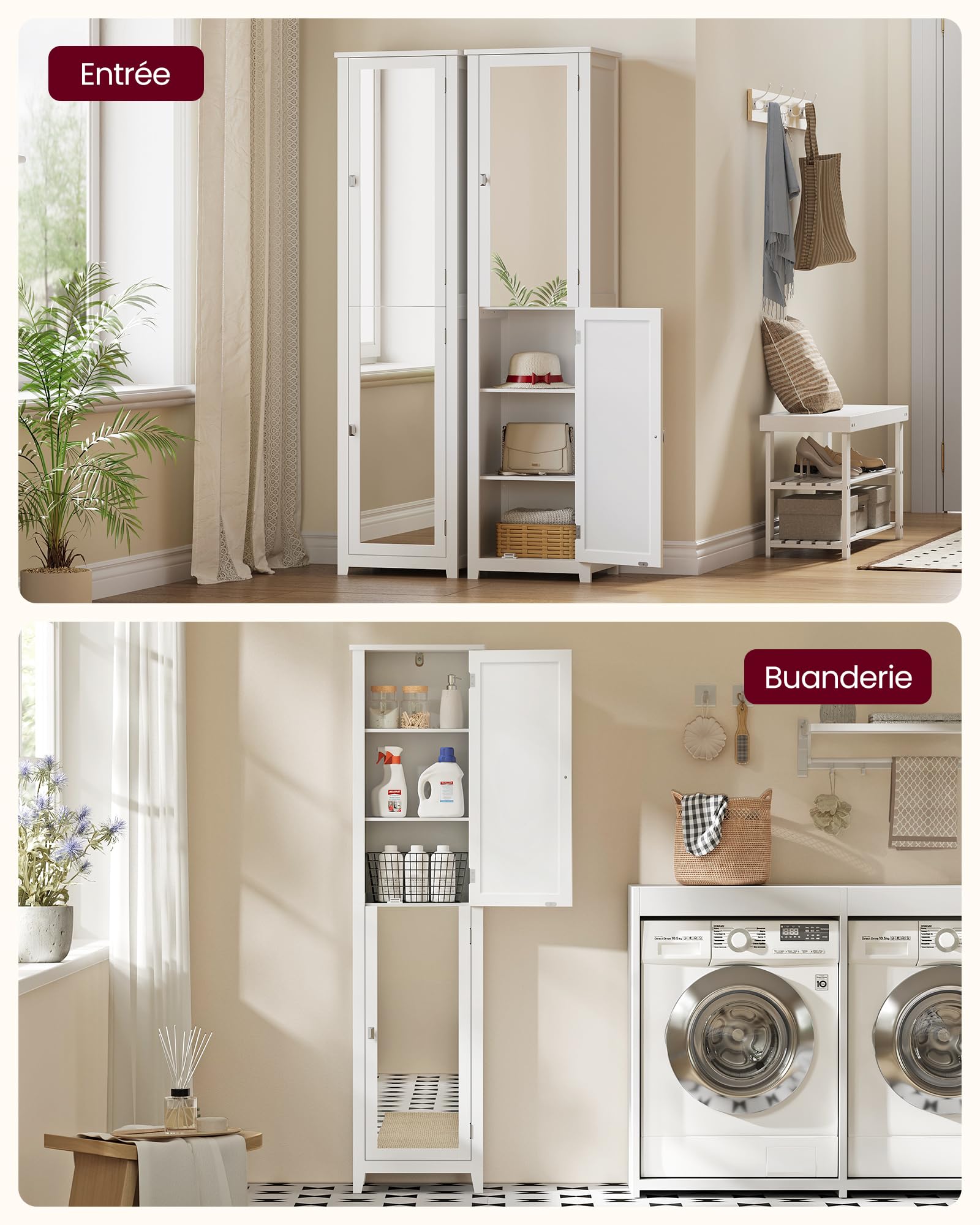 VASAGLE Armoire de Salle de Bain Haut, avec Miroir Pleine Longueur, Meuble de Salle de Bain, avec Étagères Réglables, 30 x 40 x 160 cm, pour Petit Espace, Salon, Couloir, Blanc Nuage BBC764WH01