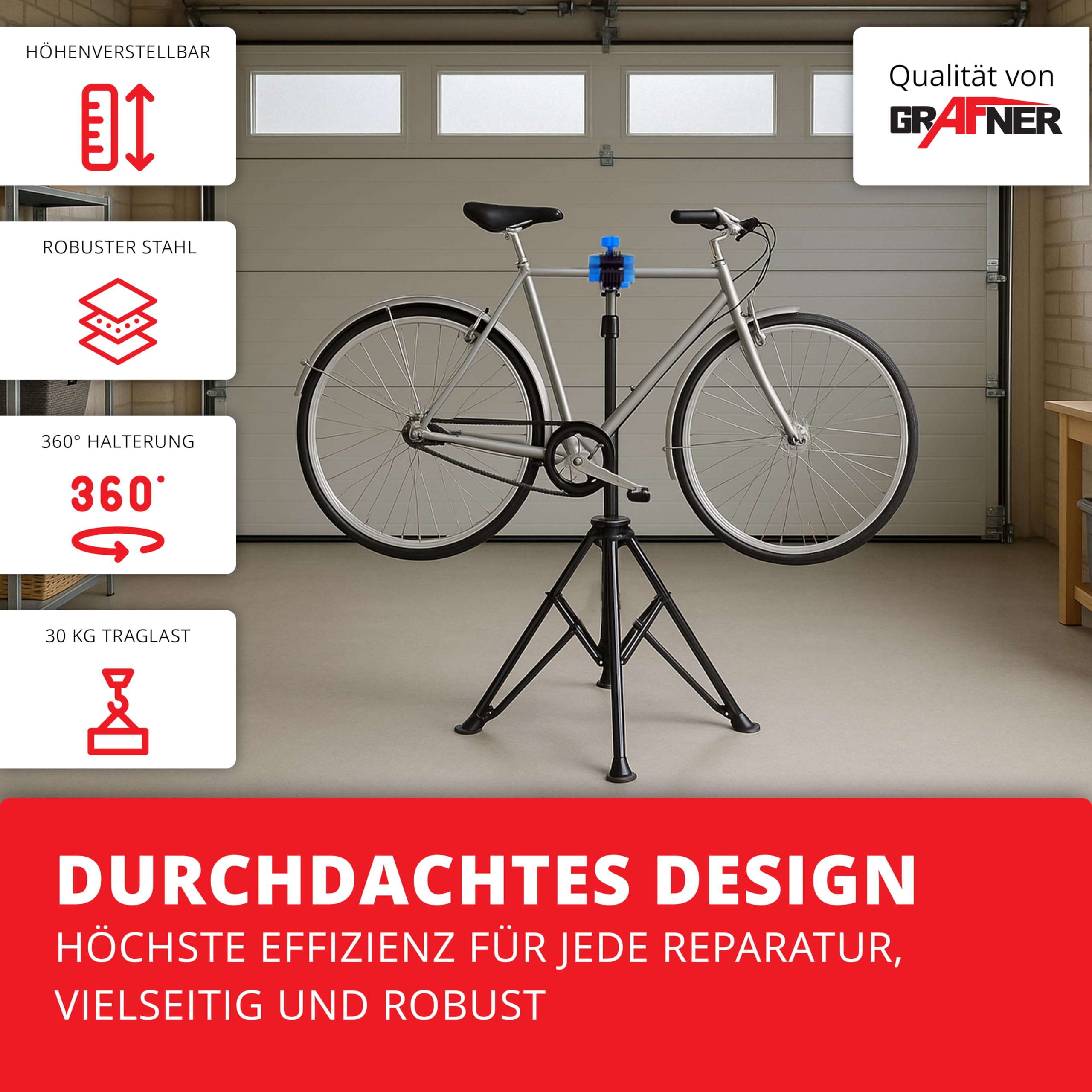 Grafner Montageständer für Fahrräder und Ebike, mit Werkzeugablage 105-190 cm, belastbar bis 30 kg, klappbar & höhenverstellbar, vierbeinig, robuste Ausführung, Reparaturständer Ebike