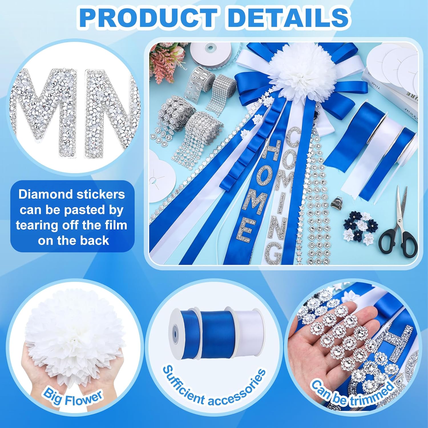 Homecoming Mum Supplies Set 7'' Artificial Mum Flower Paper Disc Backer Ribbon Homecoming Mum DIY Craft Kit for Homecoming Week Dancing Party King Queen Gift Decor(Blue,Classic Style)