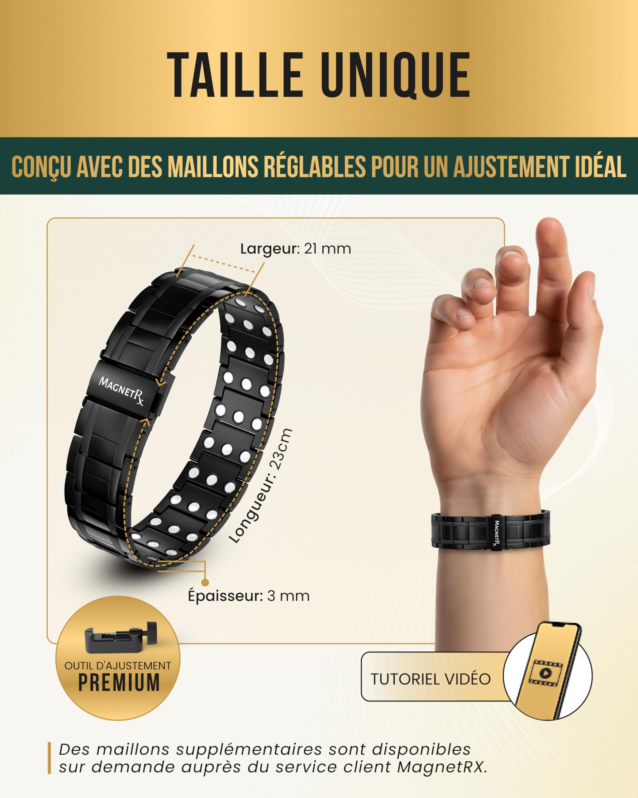 MagnetRX® Bracelet Magnétique Homme – Bracelet Homme en Acier Inoxydable Ultra-Résistant avec 57 Aimants Puissants (199000 Gauss) – Réglable avec Outil de Dimensionnement