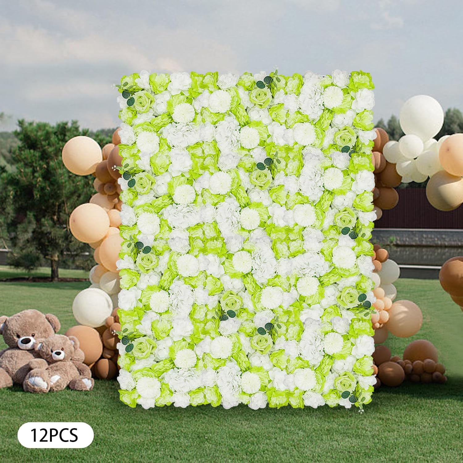 12 Pcs Flower Wall Panel Backdrop Set Artificial Fabric Floral Wall Decoration 15×15 Background for Wedding Birthday Bridal Party Photo 12 Pcs (Green Dahlia & White Hydrangea & White Rose)