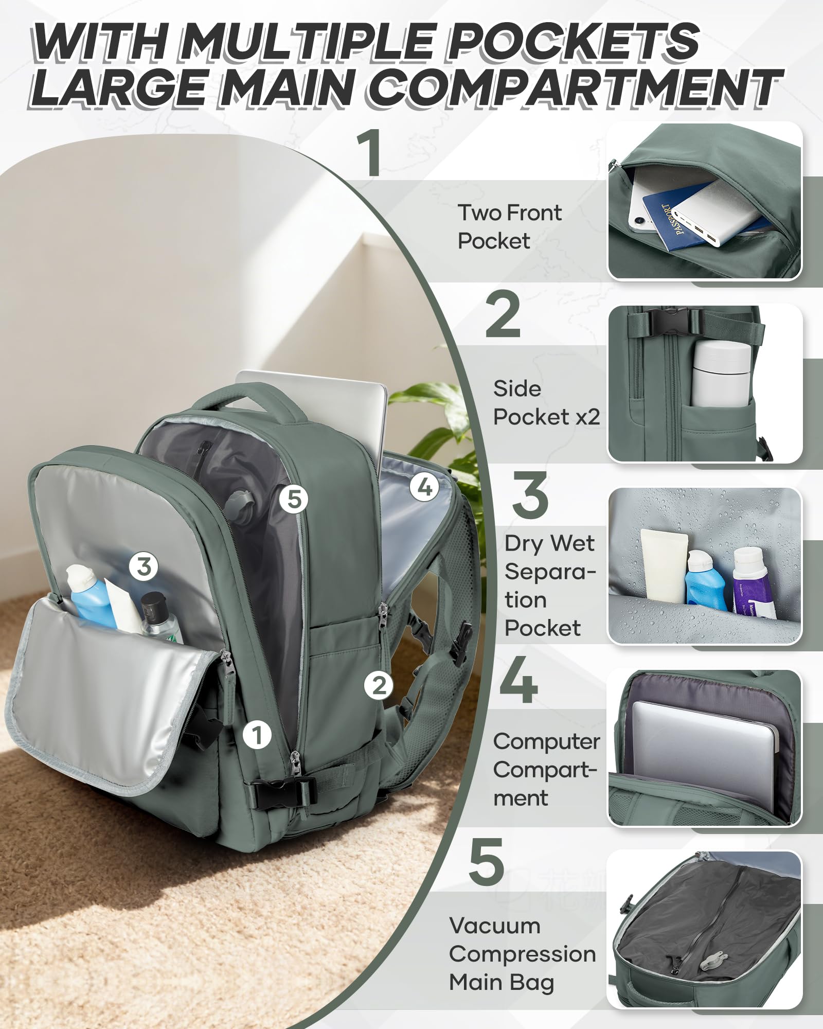 BJLFS Mochila Viaije Cabina Avion 40×30×20 Ryanair Wizzair Mochila al Vacío Equipaje de Mano 40x20x25 Maletas De Viaje Cabina Bolsa de Viaje Mujer para Cabina avion Mochila Portatil 14 Pulgadas — view 5