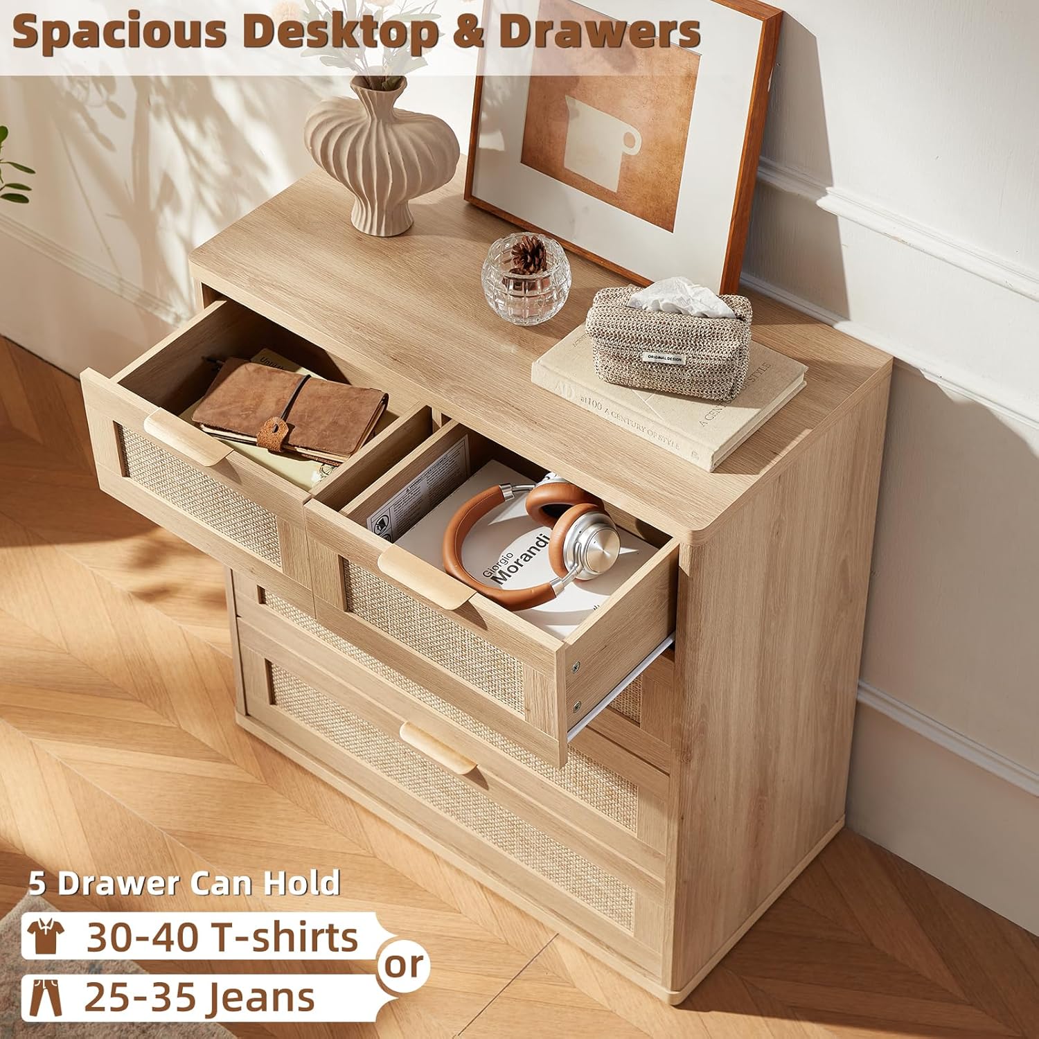LEYAOYAO Rattan Dresser for Bedroom, 33.5" Tall Chest of Drawers, Modern 5 Drawers Boho Dressers with Storage, Light Oak Dresser Wooden Closet Organizer for Living Room, Hallway, Natural Wood 15.5"D x 31.5"W x 33.5"H (5 Drawers) Natural Wood 1