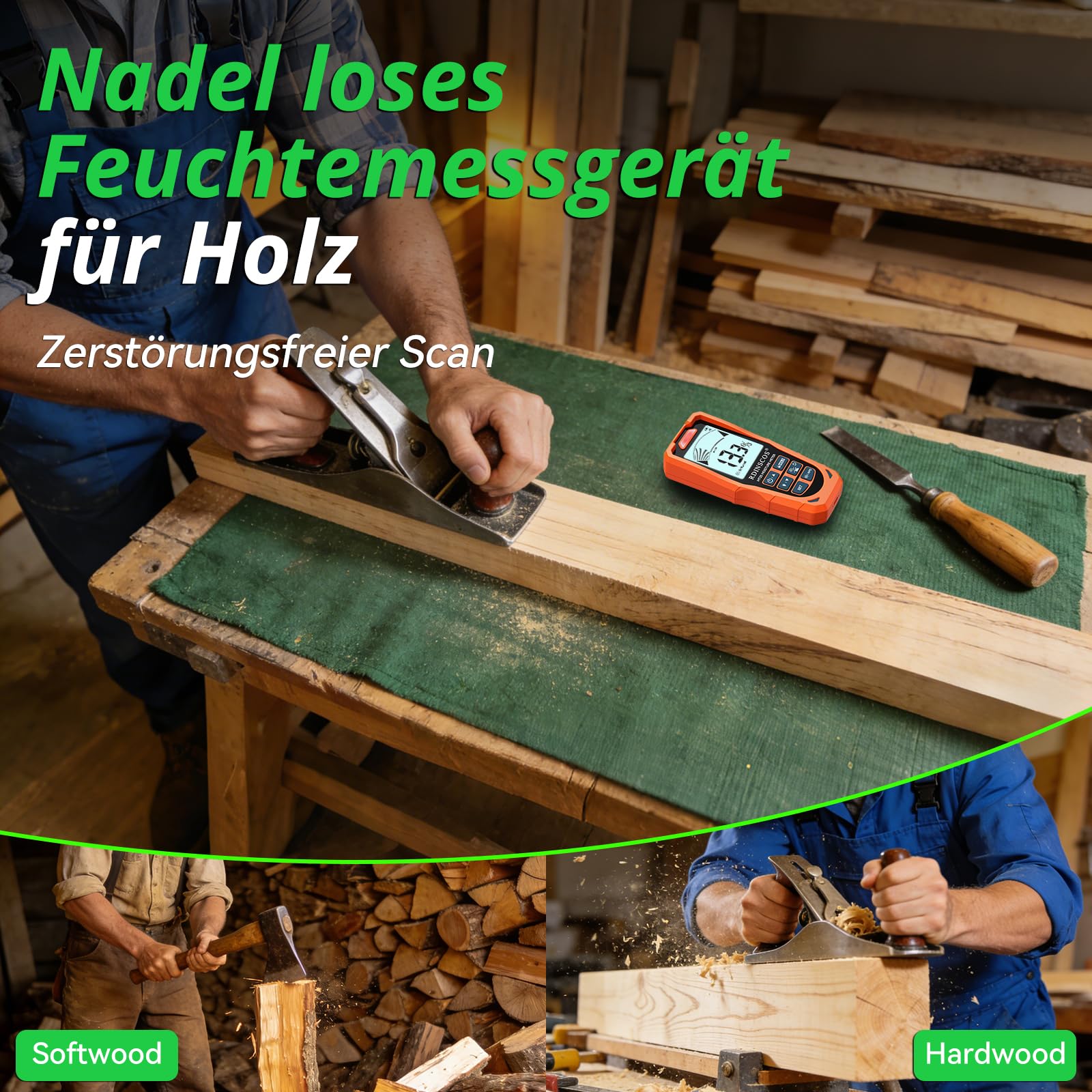 RDINSCOS Feuchtigkeitsmessgerät Wand Feuchtigkeitsprüfer Mauerwerk Feuchtigkeitsmesser Wand Pinless-Messgerät mit 3-Farben LCD Alarmsystem, akustischem Alarm & HOLD-Funktion für Wände Holz