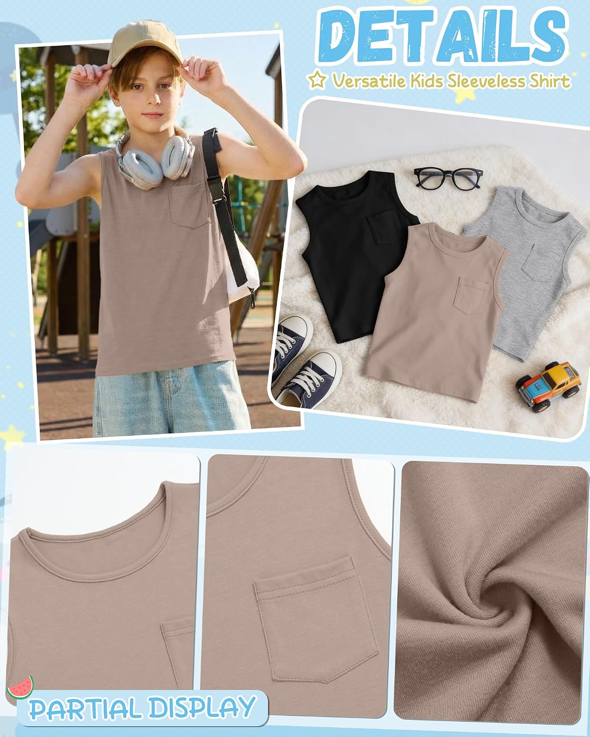 3 Pack Teen Boy's Sleeveless Tanks Casual Basic Crewneck Shirts Loose Athletic Pocket Tees Soft Breathable Tops