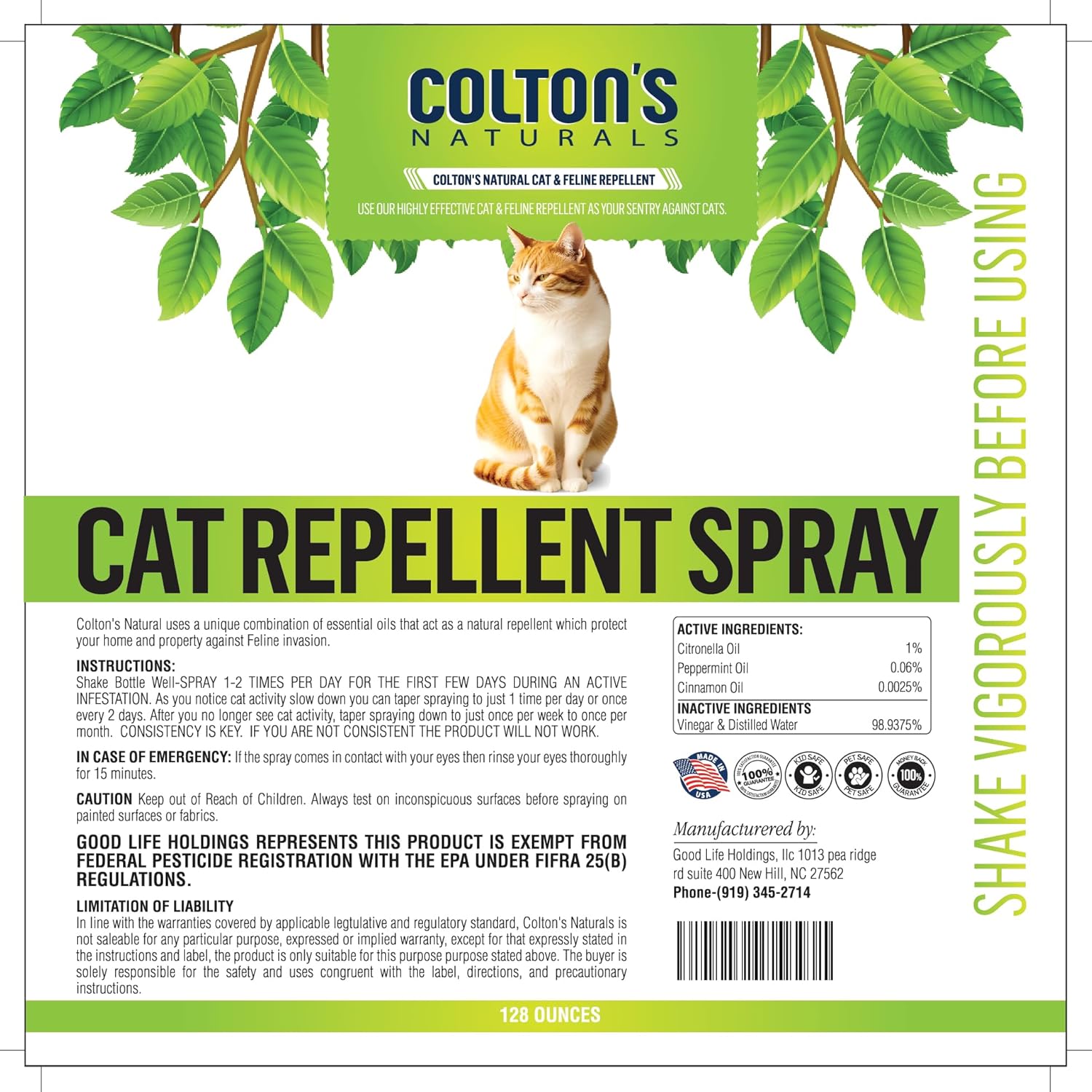 Cat Repellent Spray Outdoor & Indoor (128 OZ) Keep Cats Away, Training Tool, Yard Furniture Garden Deter Cats. Ready to Use