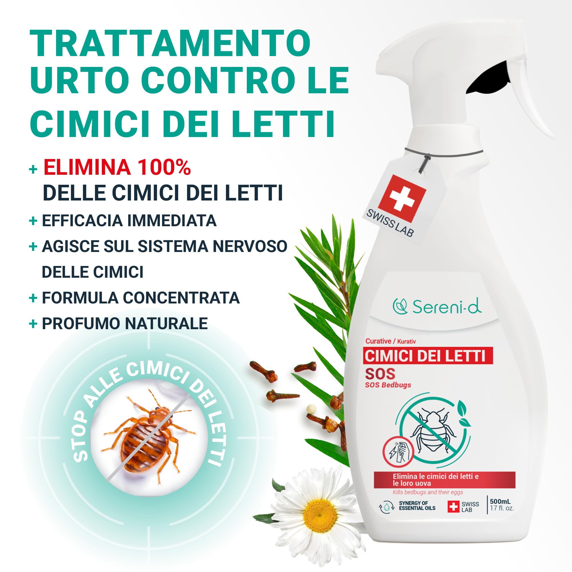 SOS ANTI CIMICI DA LETTO XXL - Spray Insetticida CHOC Trattamento naturale con Oli Essenziali e Fiore di Piretro Vegetale - Disinfestazione facile e rapida delle cimici da letto - 500 mL - Swiss Lab