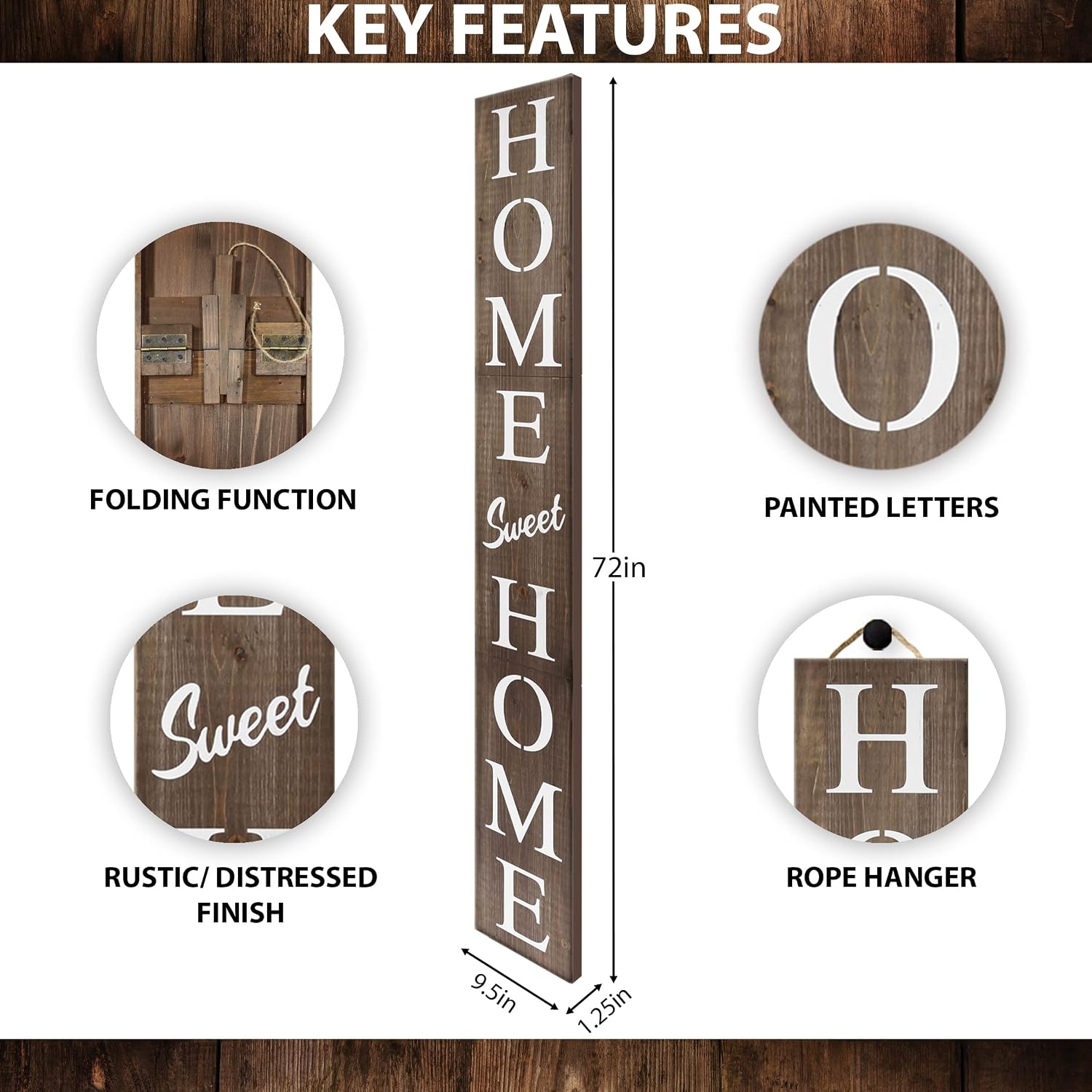 Home Sweet Home Sign for Front Door, Wood Rustic Front Porch Décor, Farmhouse Porch Sign Decorations, Outdoor Signs for Porch, Indoor Outdoor Decorations, Vertical 6ft
