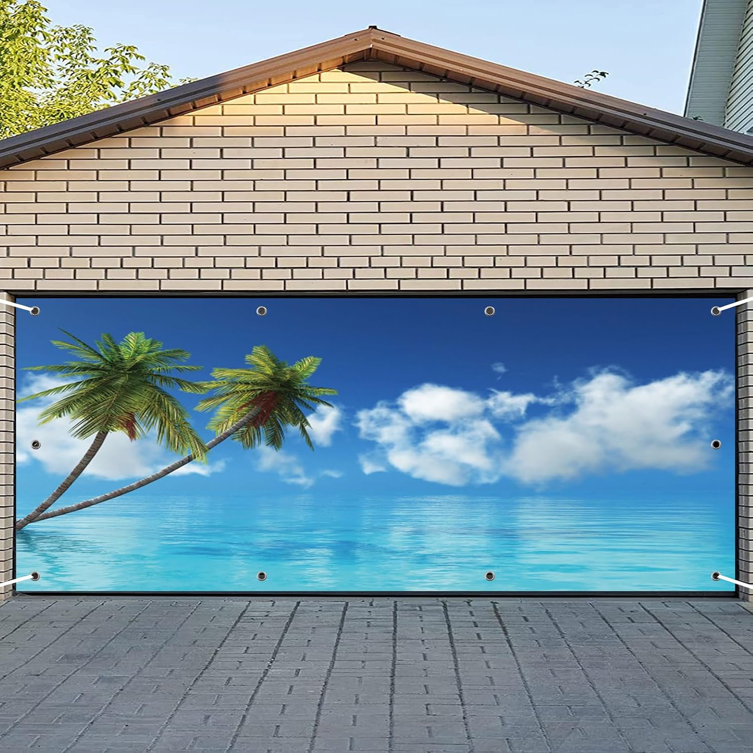 CSFOTO 7x16ft Hello Summer Garage Door Decorative Banner Blue Sky Beach Tropical Palm Tree Garage Decorative Mural Wallpaper Aloha Luau Theme Summer Outdoor Party Banner
