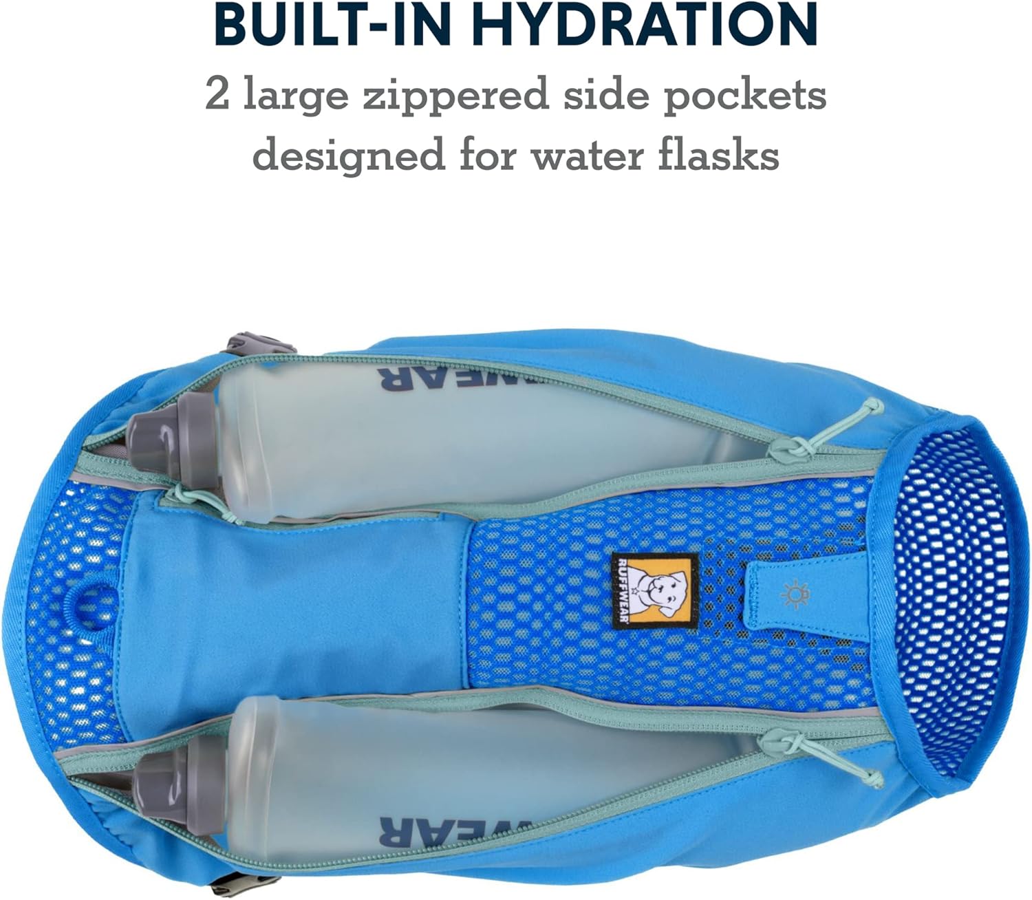 Ruffwear, Trail Runner Running Vest, Performance Dog Running Harness with Hydration Flasks, Reflective Trim & Light Loop, Lightweight Bounce-Free Running Dog Pack, Blue Pool, Medium