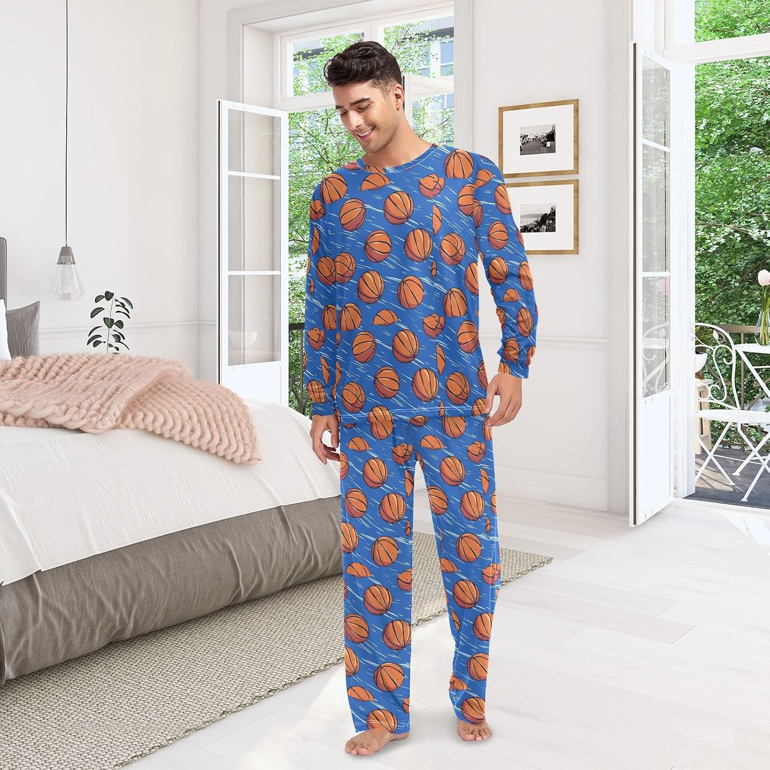 Couple Pajama Sets Basketball Deep Blue His and Hers Long Pjs Soft Warm Long Sleeve Sleepwear image 3