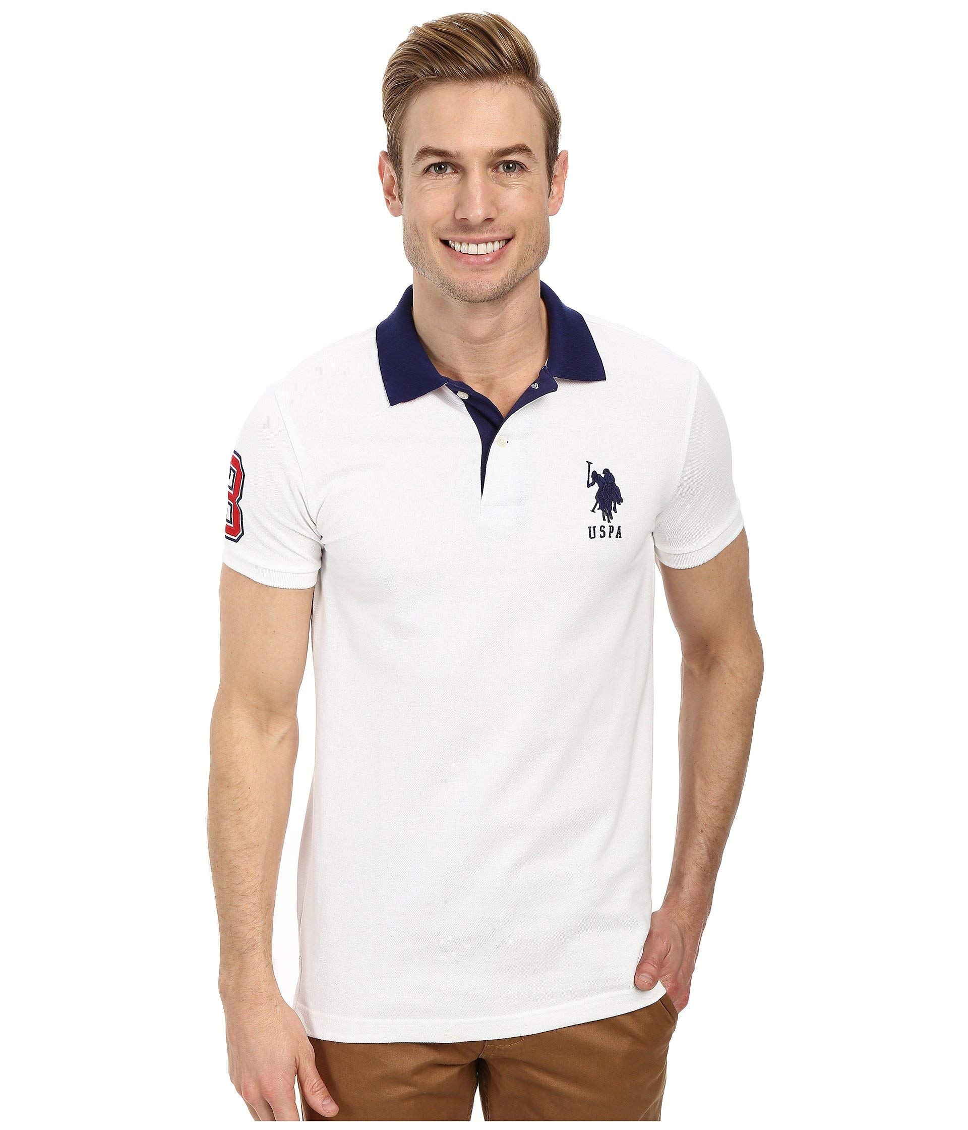 U.S. Polo Assn. Men's Short-Sleeve Polo Shirt with Applique, White/Dodger Blue, Medium