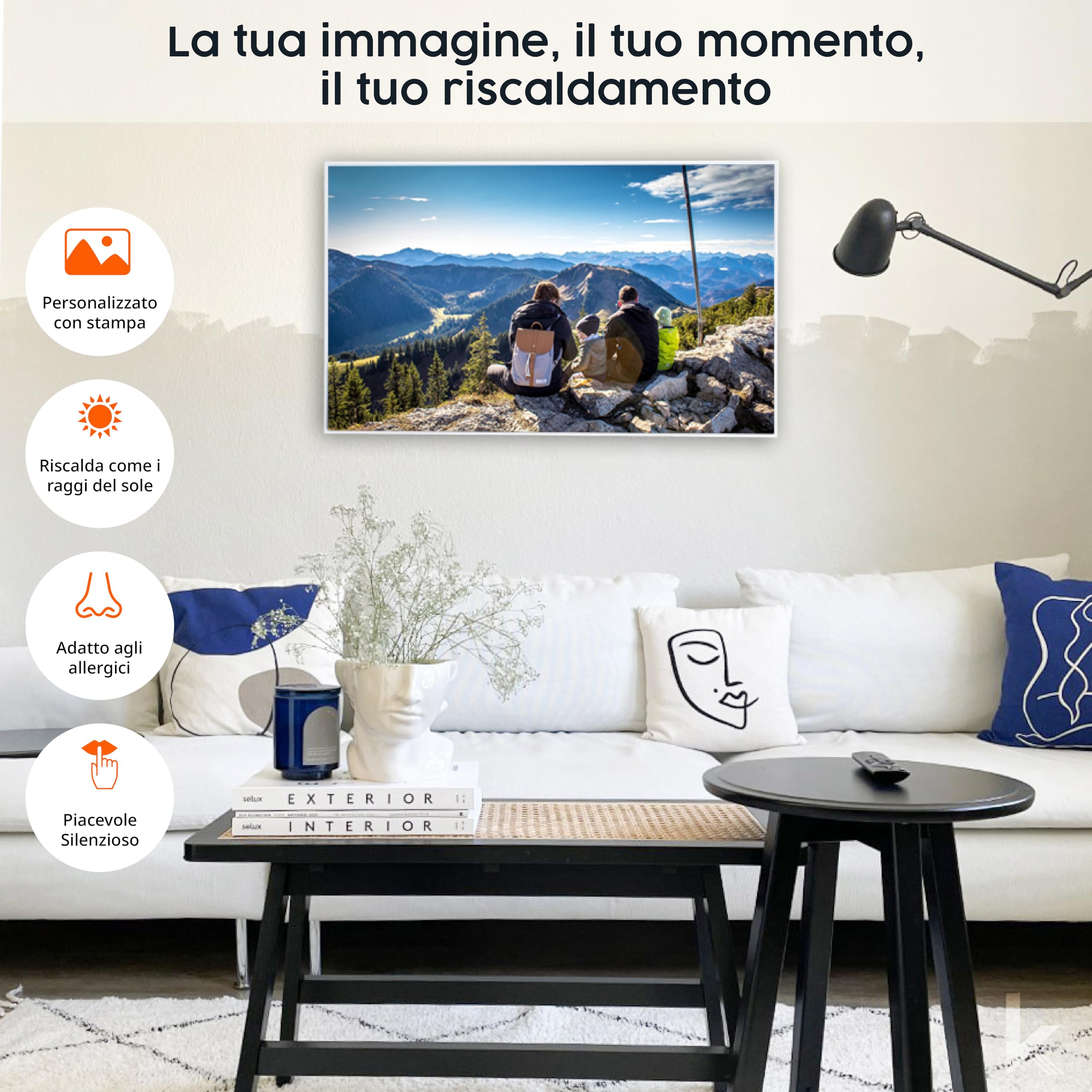 Könighaus Riscaldatore a infrarossi con foto & immagine personale – TÜV SÜD & 5 anni di garanzia – Made in Germany (caricate il vostro motivo) (800W - cornice bianca) - termostato incluso