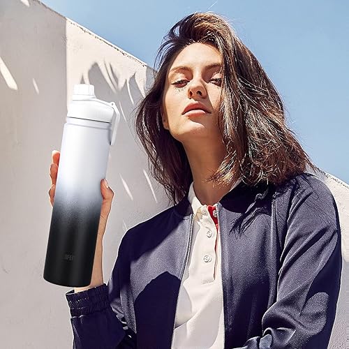 Miniatura 7 de Botella de agua aislada con 3 tapas, frasco de doble pared de acero inoxidable con mango de paracaídas, funda protectora de silicona, 2 popotes, a
