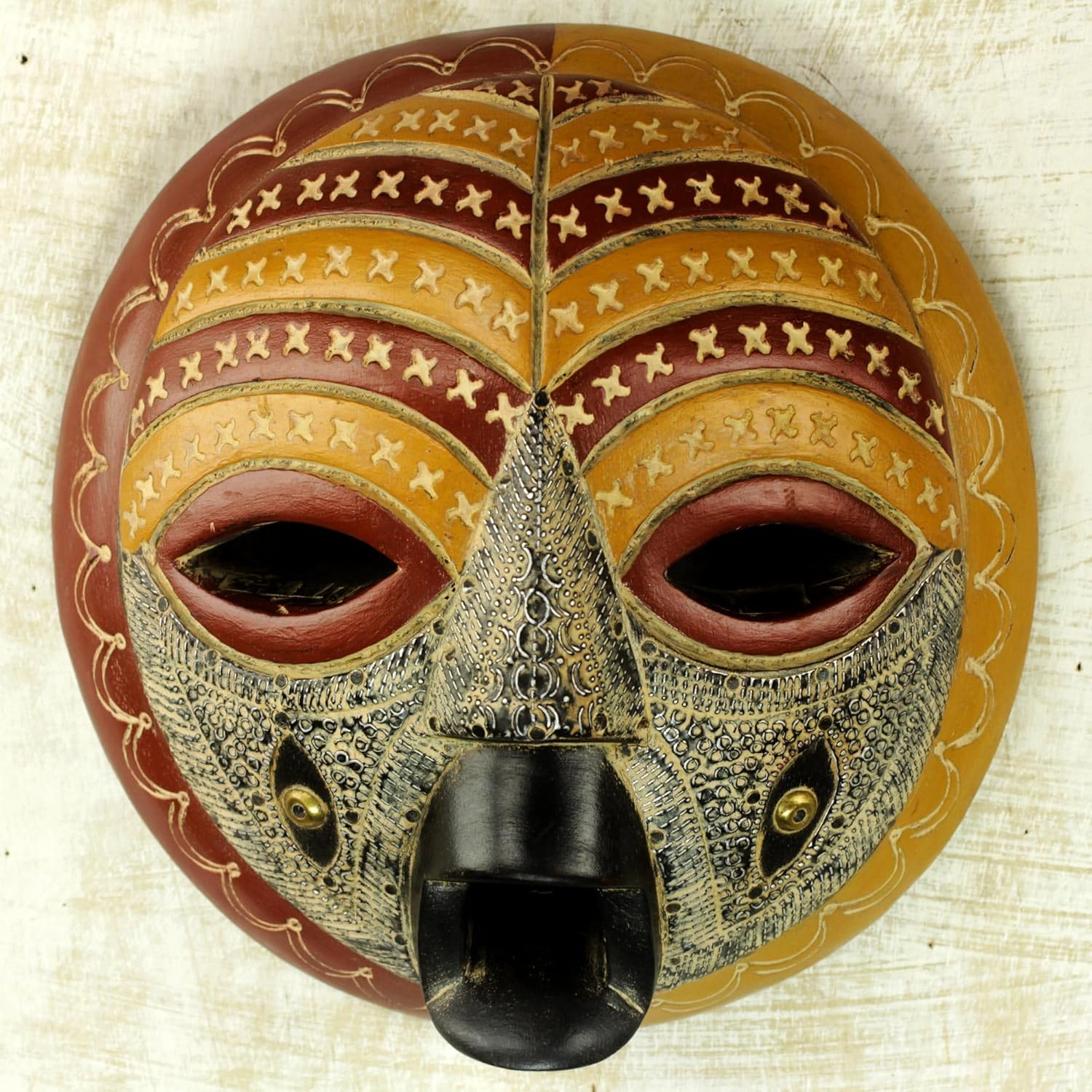 NOVICA Artisan Handmade Wood African Mask Aluminum from Ghana Yellow Red Masks Ghanaian [10in H x 9.75in W x 4.3in D] ' Edinam Luck'