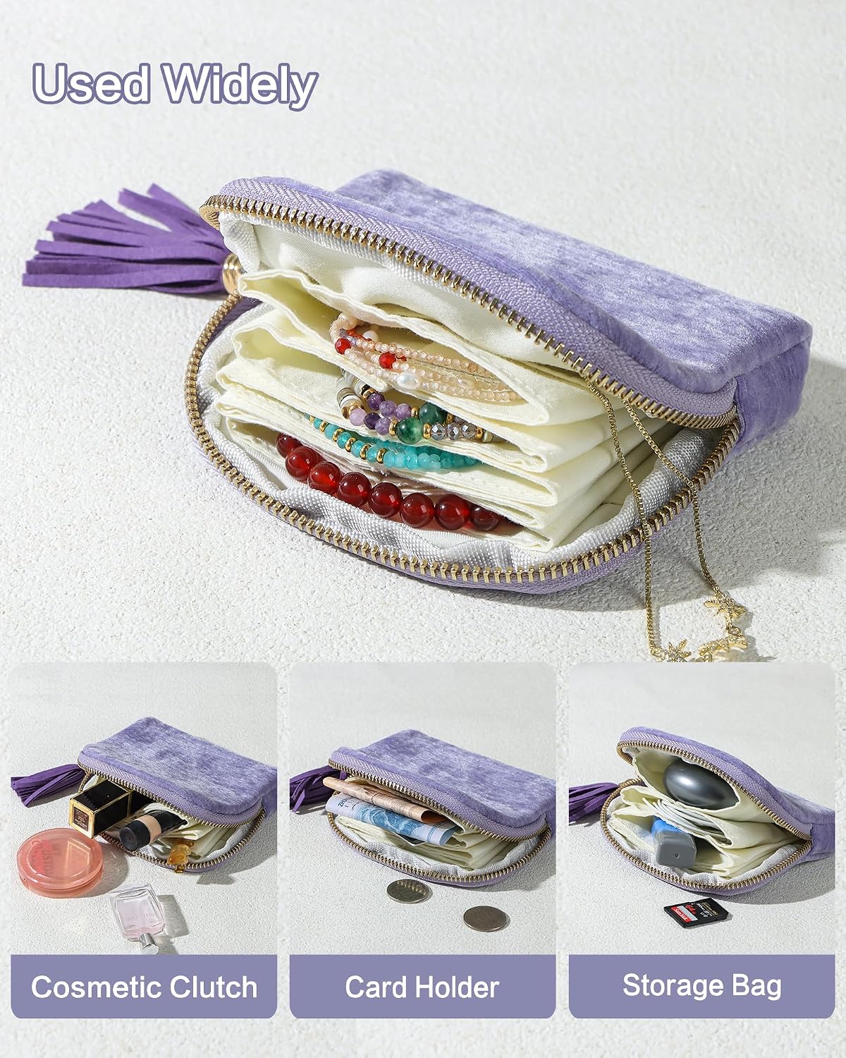 Travel Jewelry Case, Velvet Pouch Bags with Zipper, Light Purple