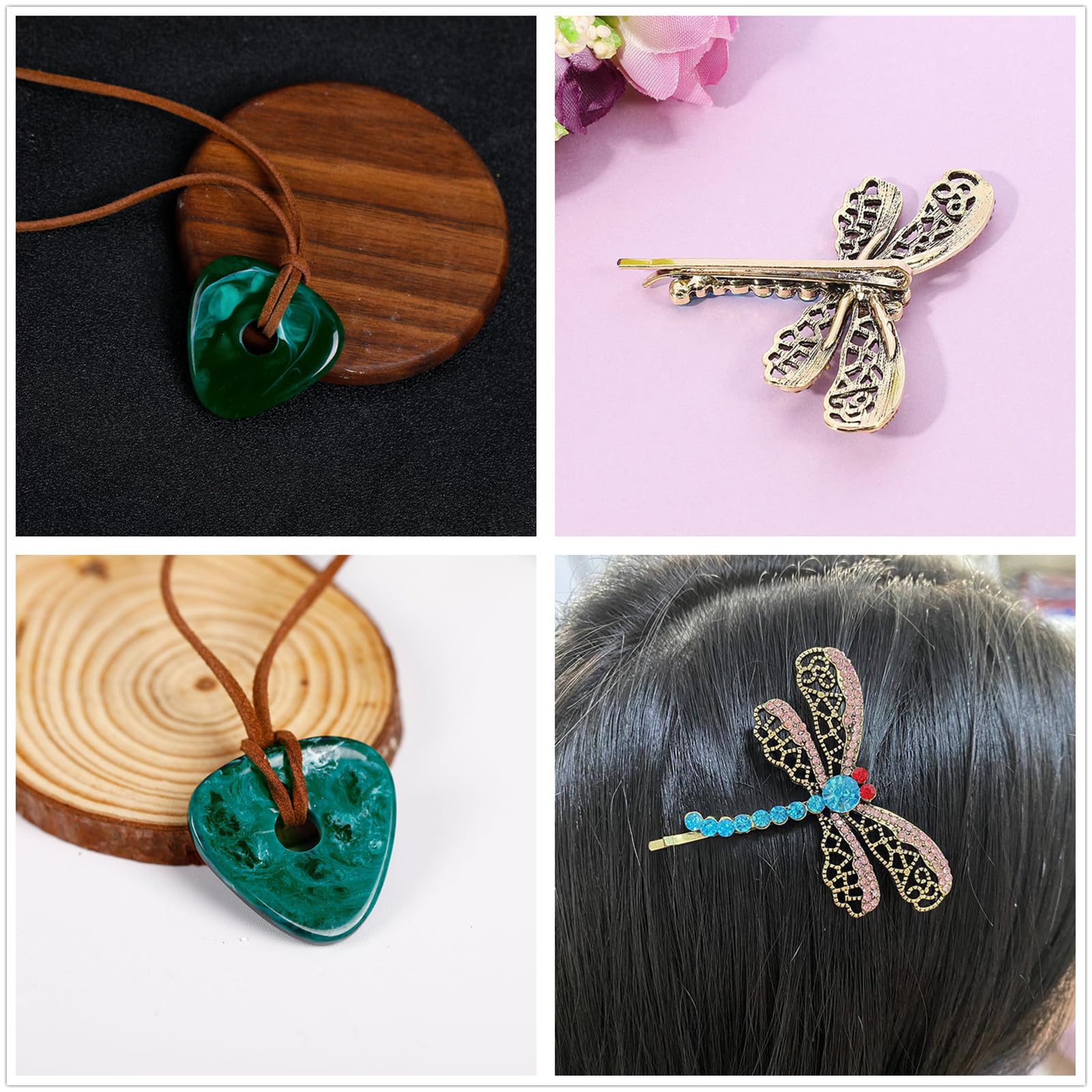 Set di accessori per capelli Halloween verde con collana, pietre coraline, libellula, occhiali