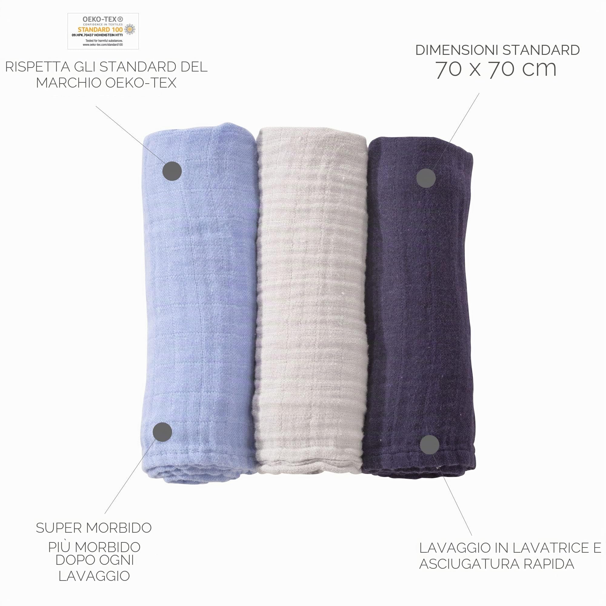 Mussole per neonato 70x70 cm cotone OKEO-TEX Azzurro