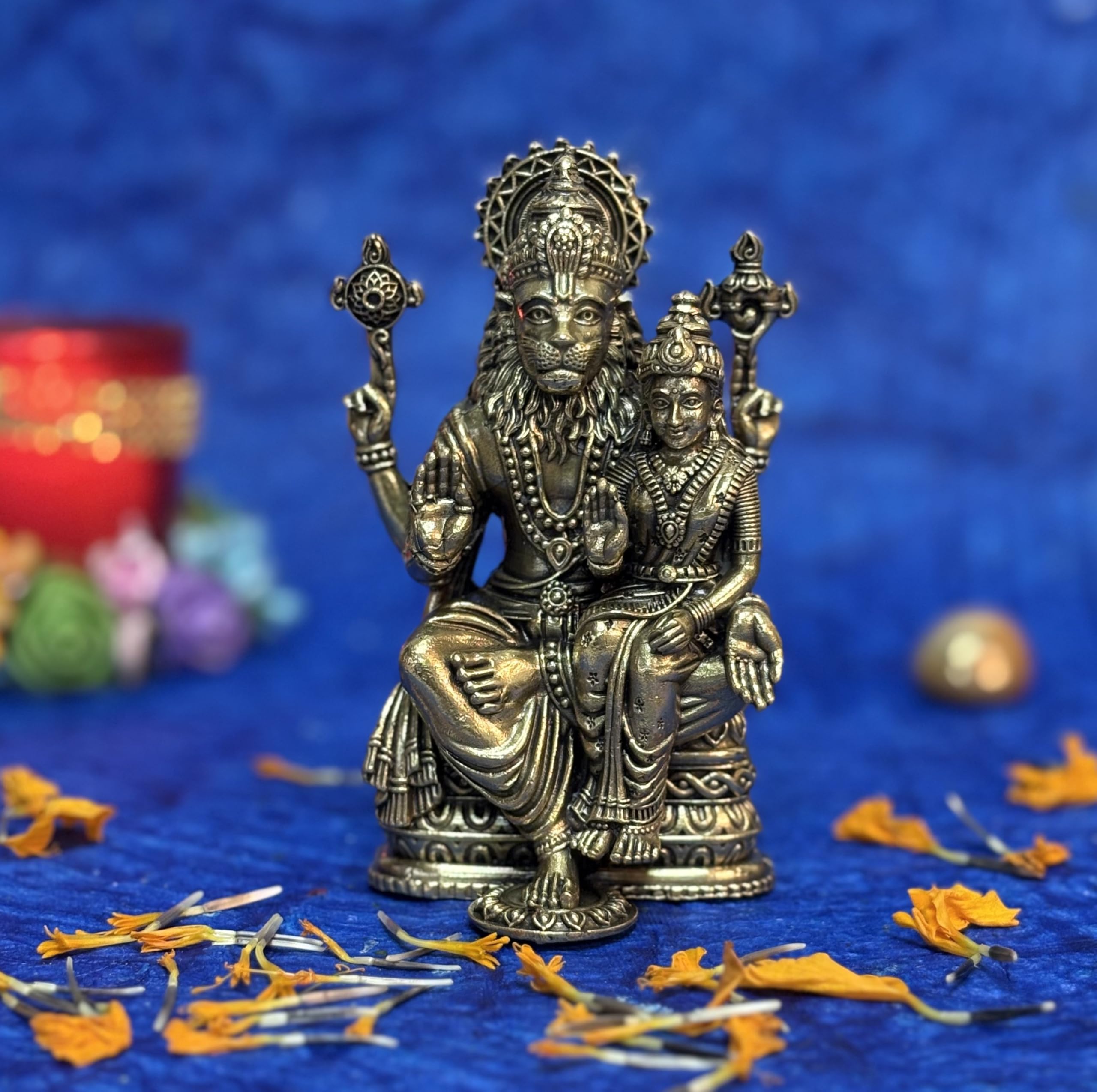 Kartique Brass Narasimha Lakshmi Statue, 4-Inch Tall, Idol with Traditional Gold Finish for Home Decor and Spiritual Spaces