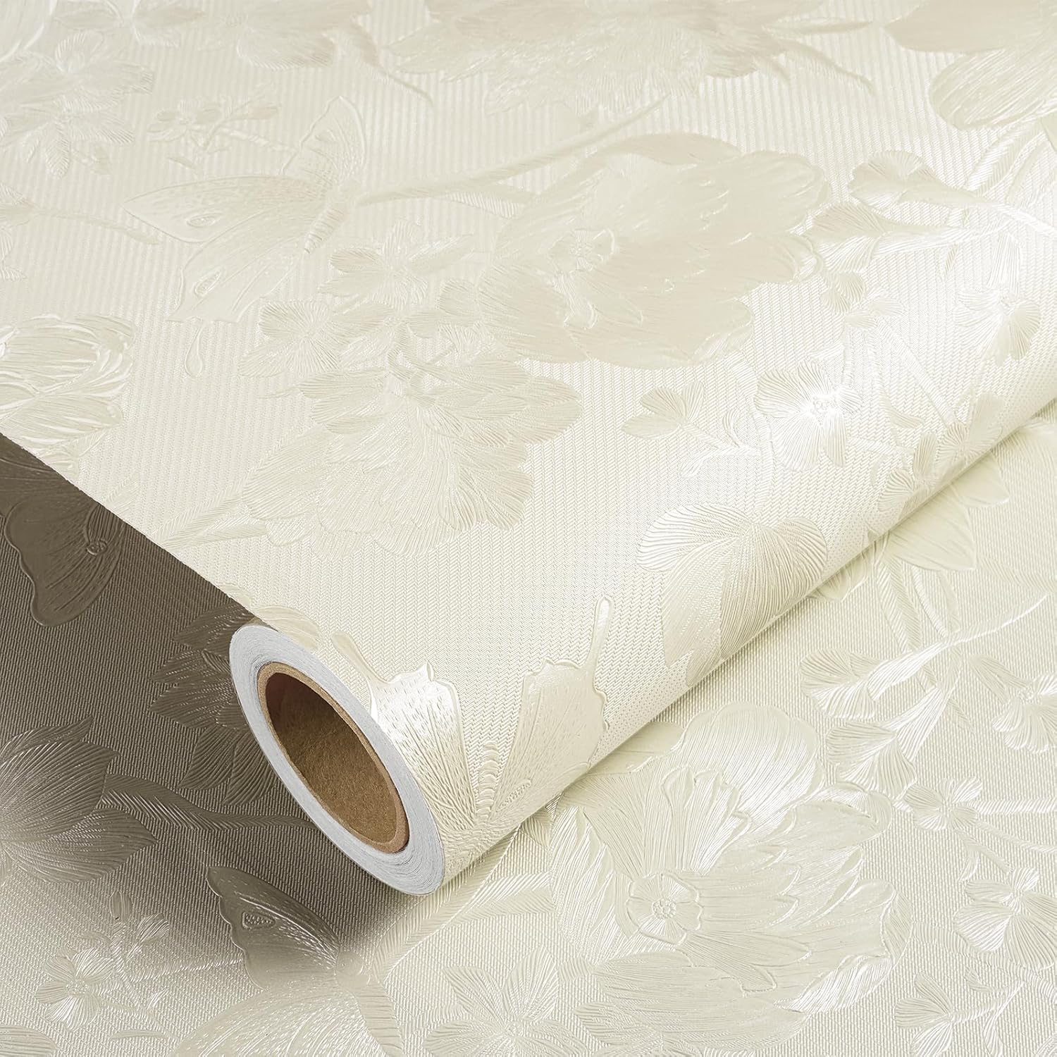 30"×118" Silk Embossed Wallpaper Peel and Stick Floral Wall Paper Stick and Peel for Bedroom Waterproof Embossed Wallpaper for Bathroom Beige Flower Textured Contact Paper for Cabinet Drawer