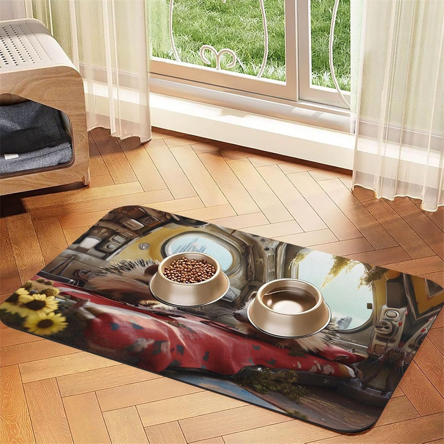 Hedgehog Baby Pet Feeding Mat Dog Cat Eating Food Absorbent Leather Tablecloth for and Water Bowl Waterproof No Stains Quick Dry Non-Slip 23.62 * 15.75IN