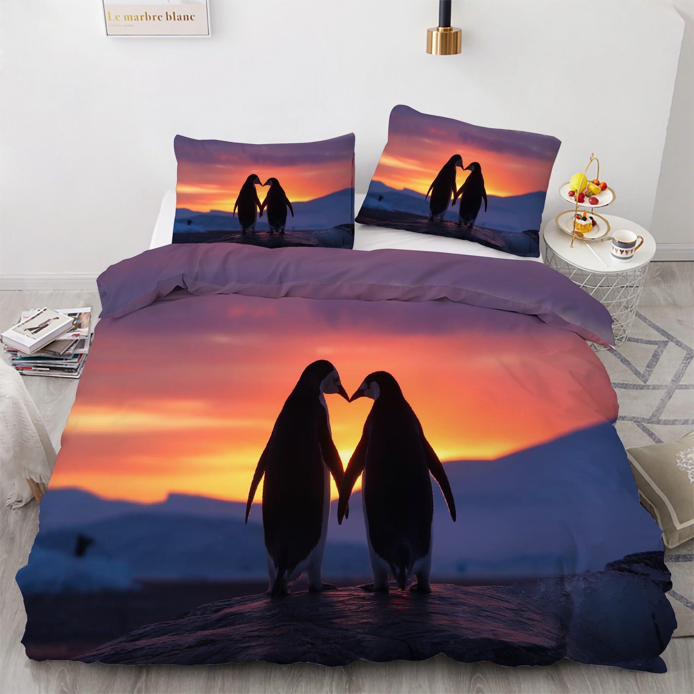 Housse de couette 90x190 pingouin de l'Antarctique parure de lit microfibre 3 pièces