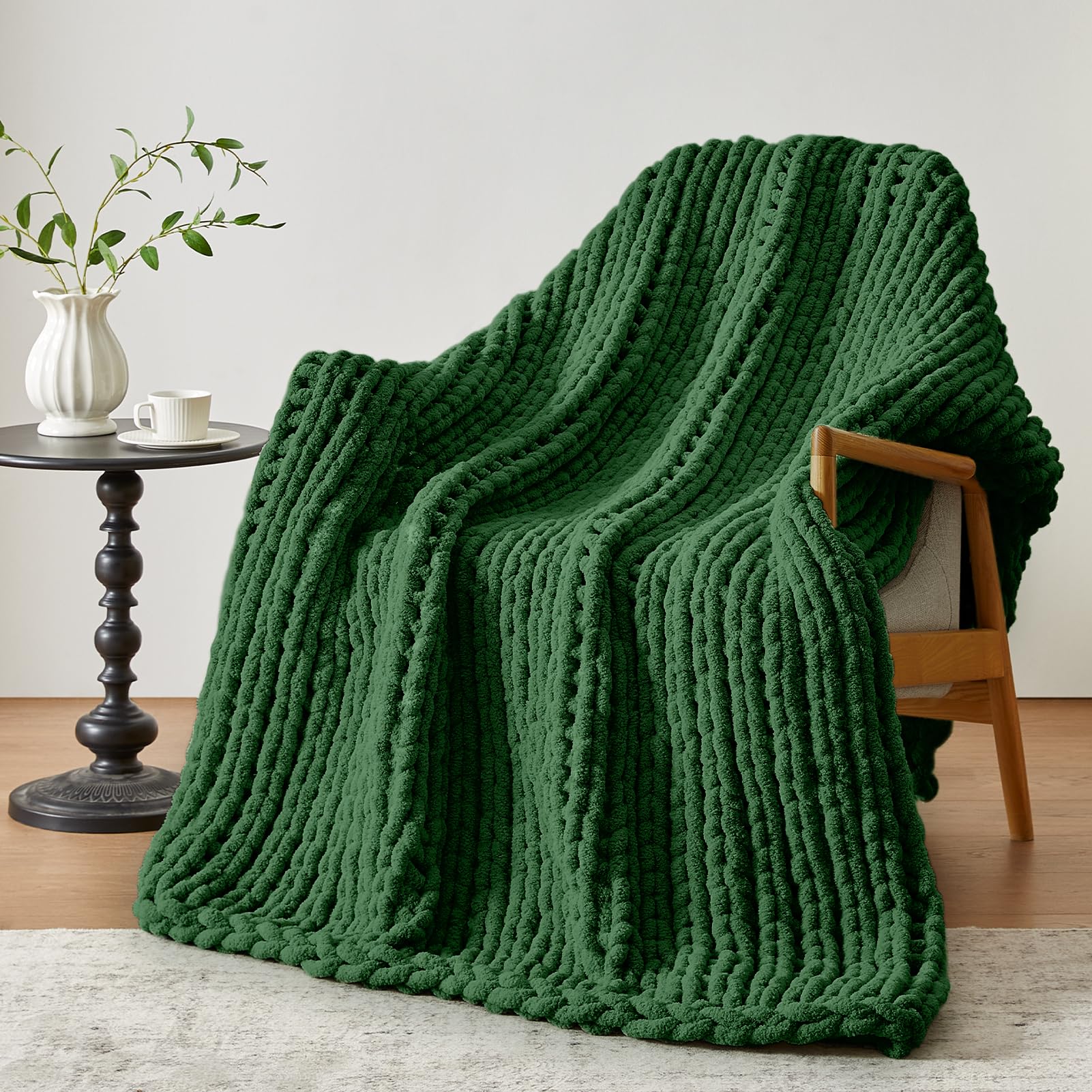 Chunky Knit Throw, 30''*40'' Knitted Chenille Blanket for Bed, Couch, Kids - Handmade Grass Green Crochet, Machine Washable, Comfy Home Decor
