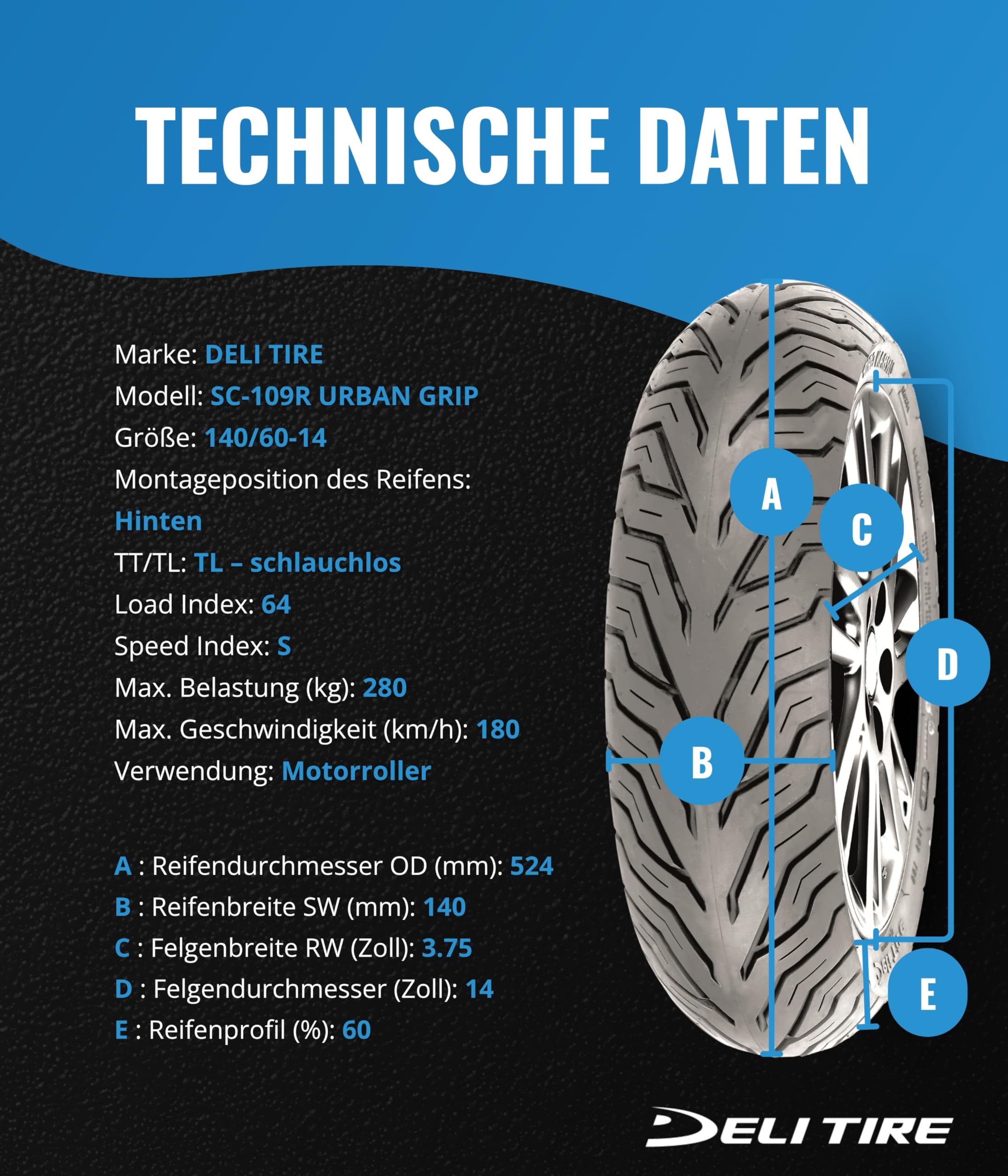 DELI TIRE SC109 140/60-14 TL 64S - Neumático trasero para motocicleta