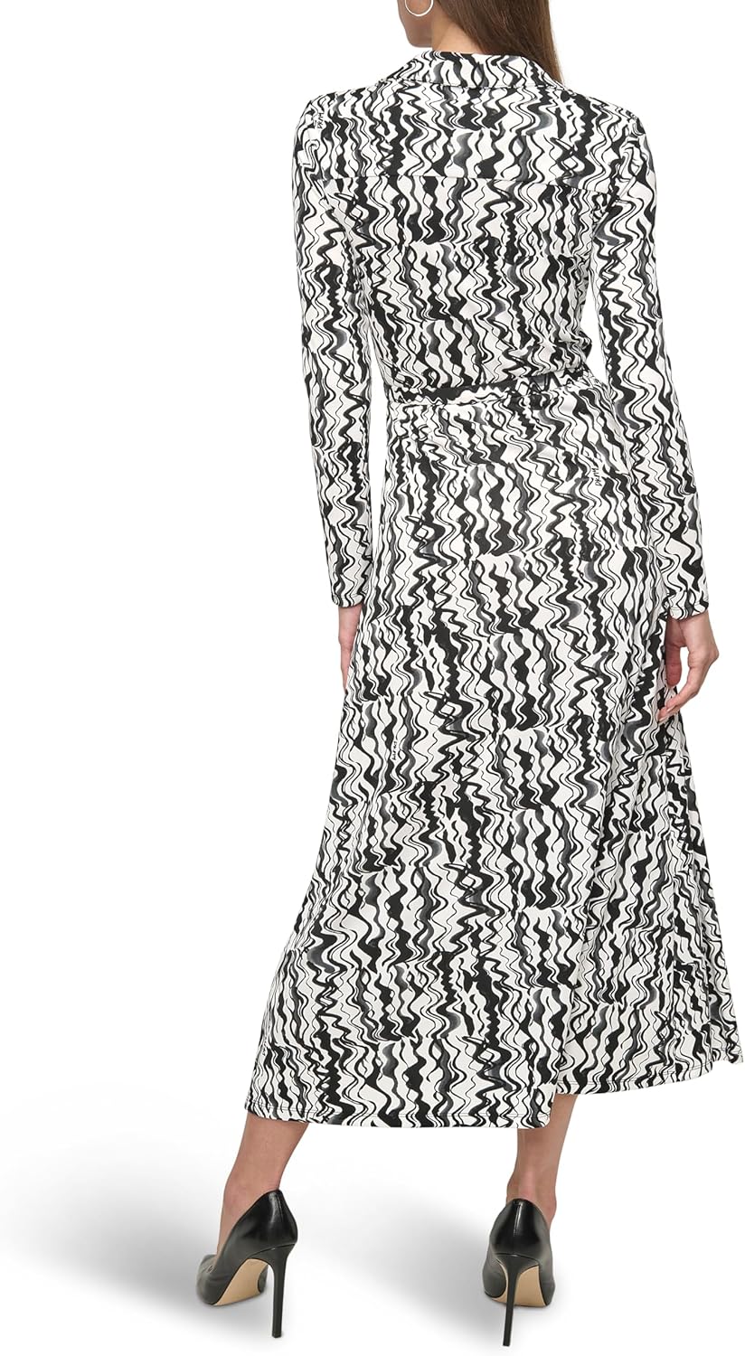 DKNY Womens Long Sleeve Collared Neck Scrunched Buckle Belt Maxi Dress - Image 4