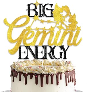 Big Gemini Energy Cake Topper - Black Gold Gemini Birthday Cake Decor for Women & Men,Zodiac Constellation Decor for May/June Parties, Astrology-Themed Celebration Supplies