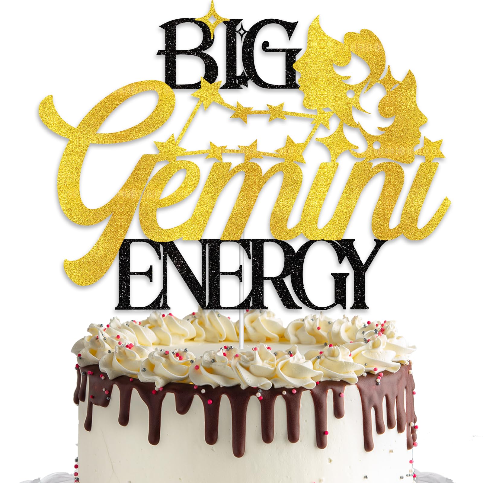 Big Gemini Energy Cake Topper - Black Gold Gemini Birthday Cake Decor for Women & Men,Zodiac Constellation Decor for May/June Parties,