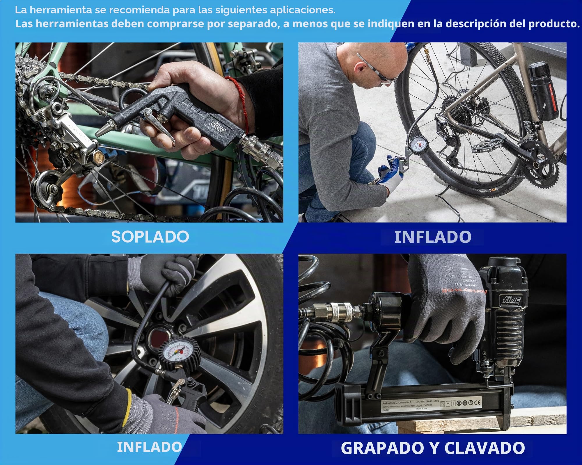 FIAC Pit-Stop Compresor de aire portátil, compresor de aire sin aceite con manguera flexible, manómetro y 6 boquillas, presión máx. 8 bares, potencia 1,5 CV