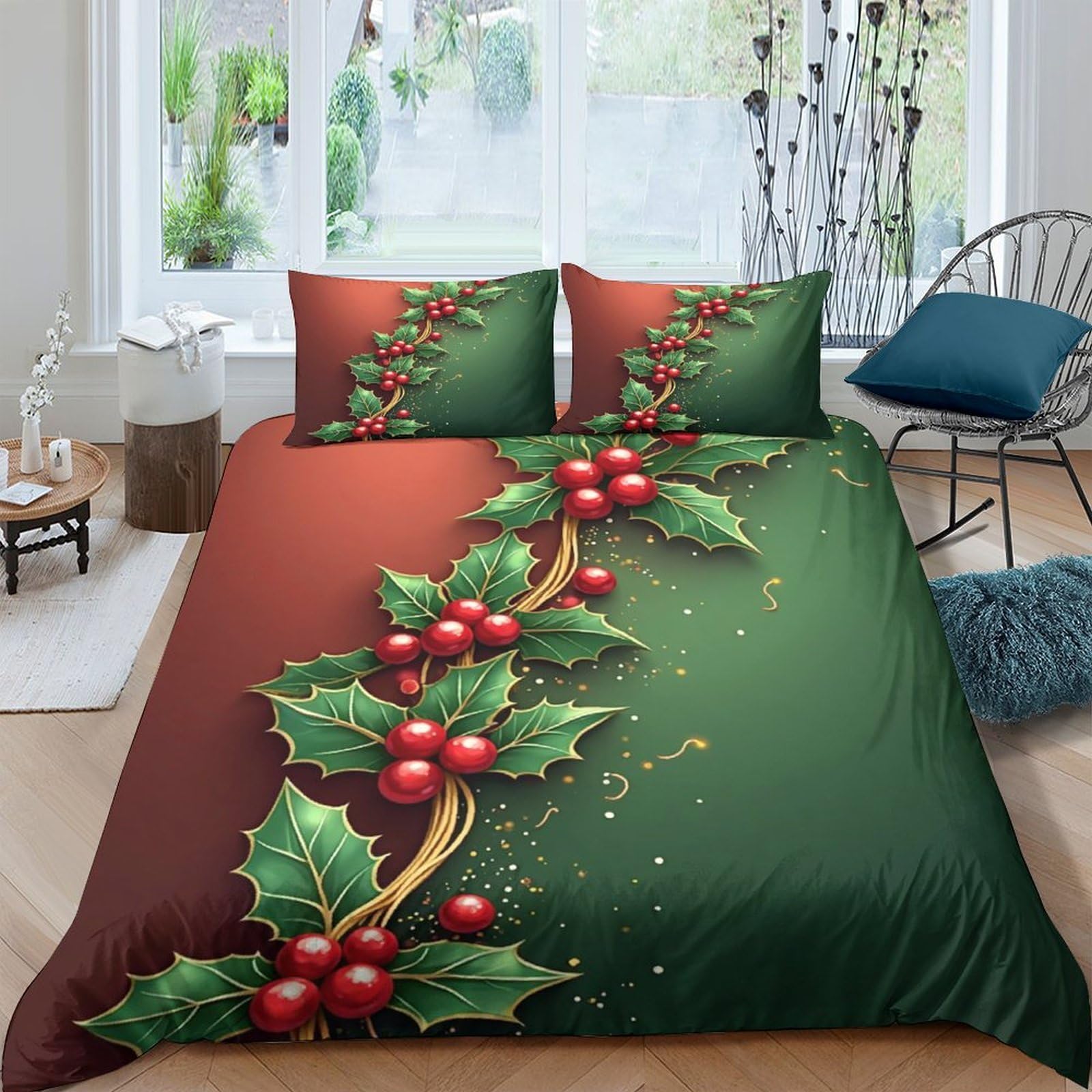 Ctjqhvkz Style-7 3D Printed Christmas Holly Fitted Sheet Microfiber Red Green Berry Mattress Cover For Bedroom Guest Room Easy Care Single（135X200cm）