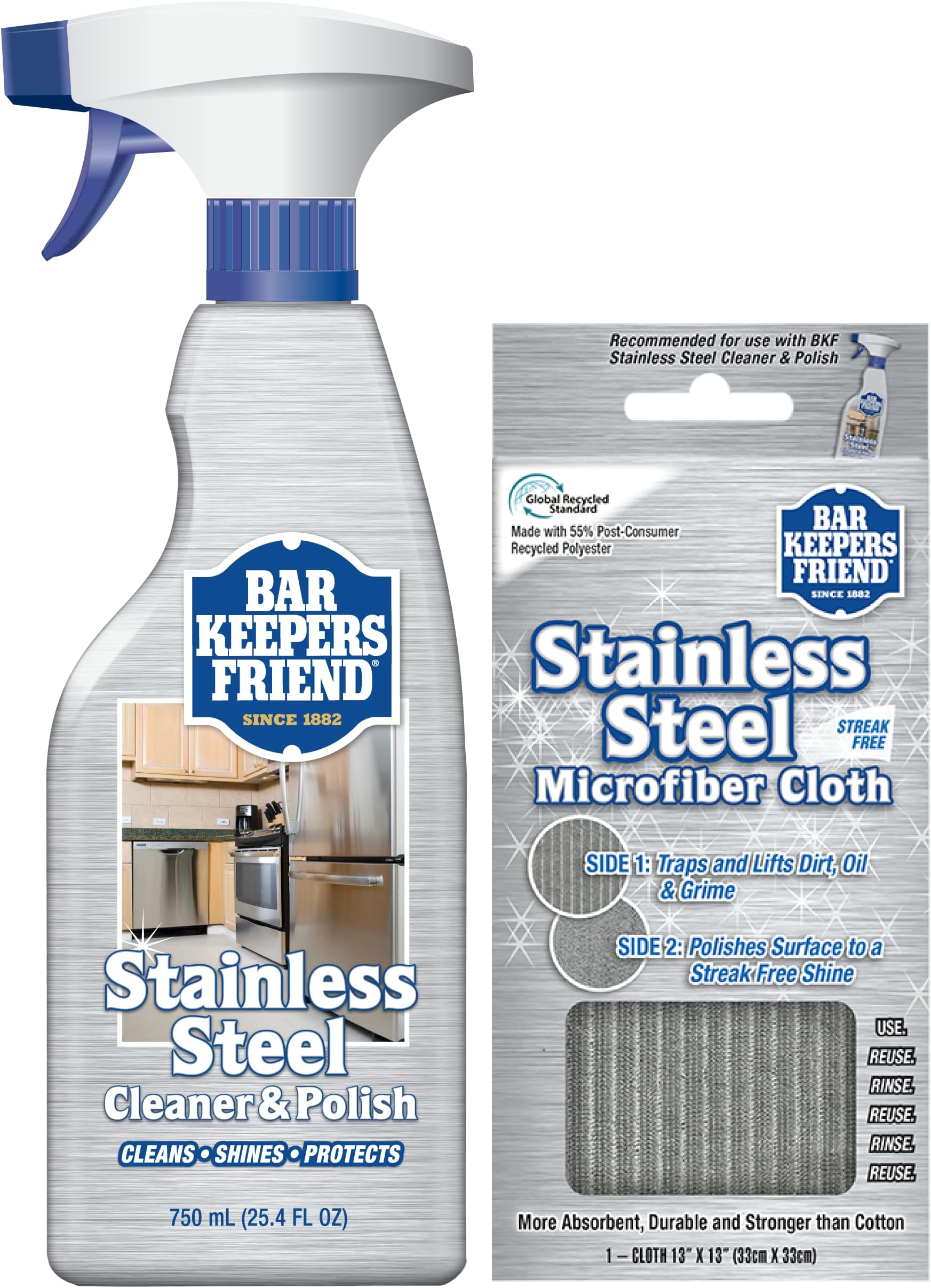 Stainless Steel Cleaner Spray (25.4 oz) + Microfiber Cloth - Removes Fingerprints and Grime Without Dulling